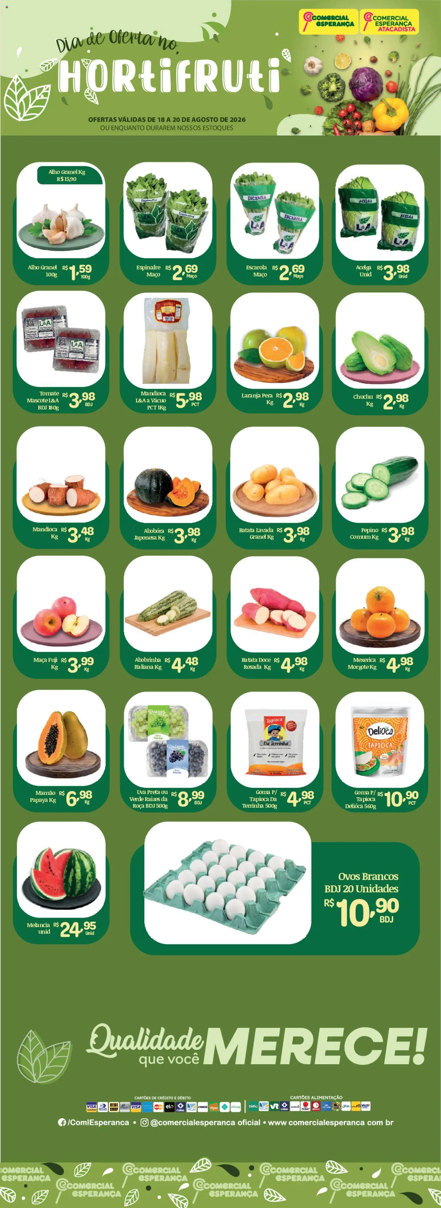 Comercial Esperança Folheto - válido de 18/08/2026 | Página: 1 | Produtos: Mexerica, Chuchu, Espinafre, Mamão