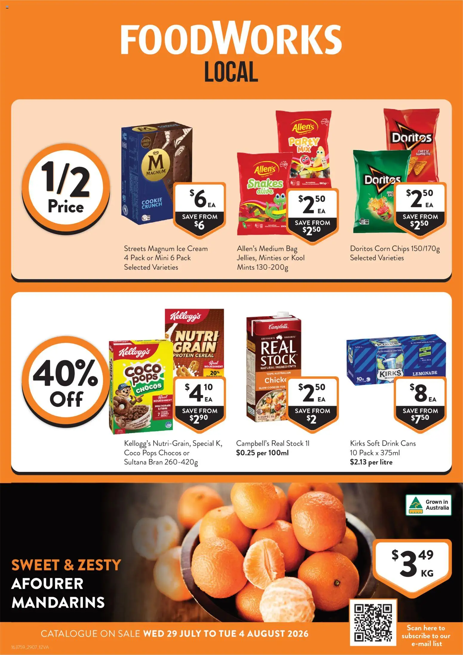 Foodworks catalogue - valid from 29/07/2026 | Page: 1 | Products: Mandarins, Cream, Ice cream, Bag