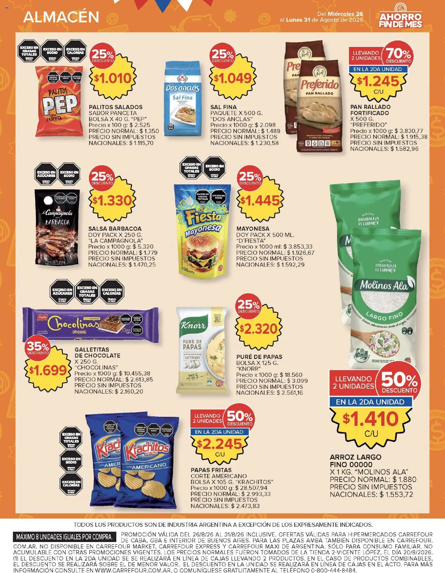 Carrefour ofertas │ válido desde el 26/08/2026 | Página: 8 | Productos: Galletitas, Mayonesa, Papas fritas, Pan rallado