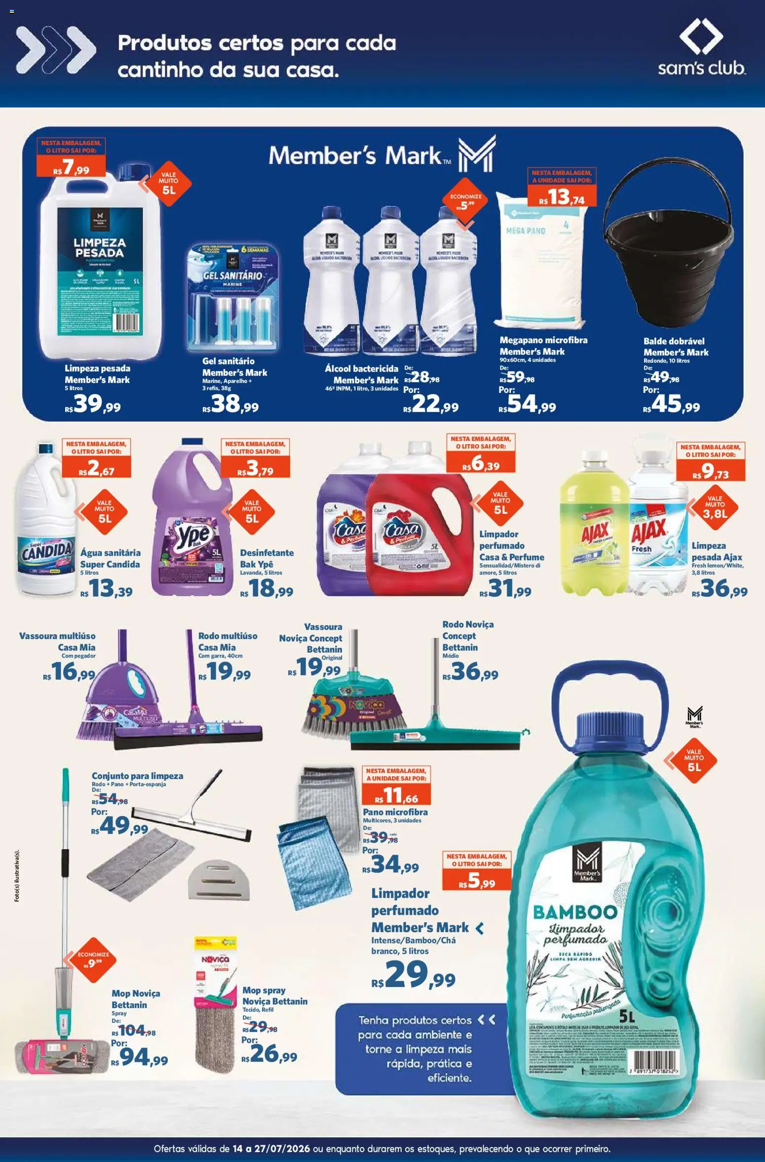 Sam's Club Folheto - válido de 14/07/2026 | Página: 4 | Produtos: Desinfetante, Água sanitária, Vassoura, Balde