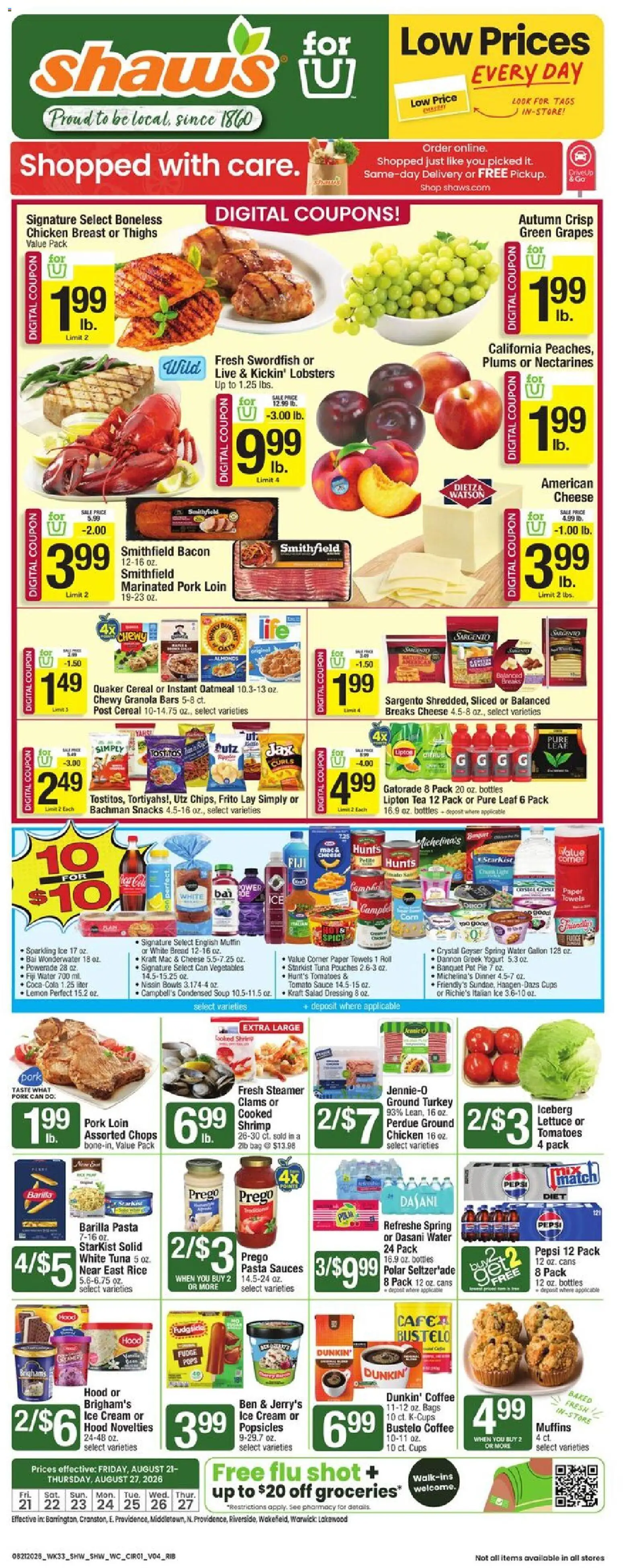 Shaw's Weekly Ad - RI - valid from 08/21/2026 | Page: 1 | Products: Pork loin, Tea, Grapes, Steamer