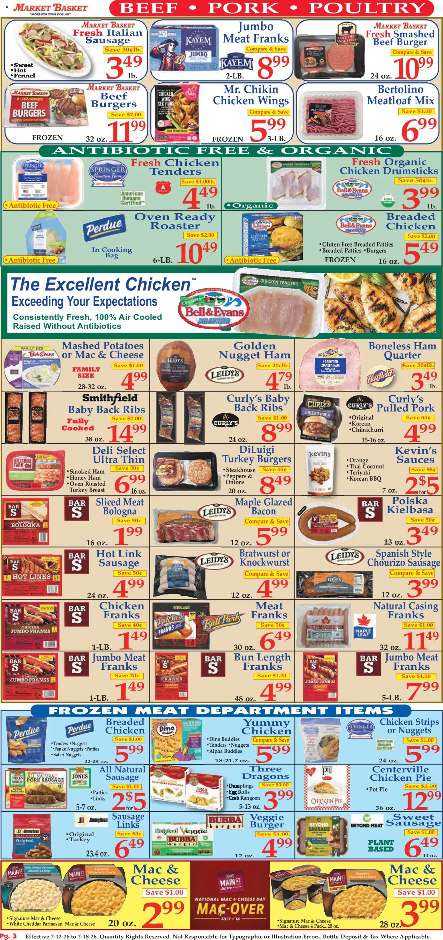 Market Basket Ad - valid from 07/12/2026 | Page: 3 | Products: Cheese, Chicken meat, Sausage, Oven