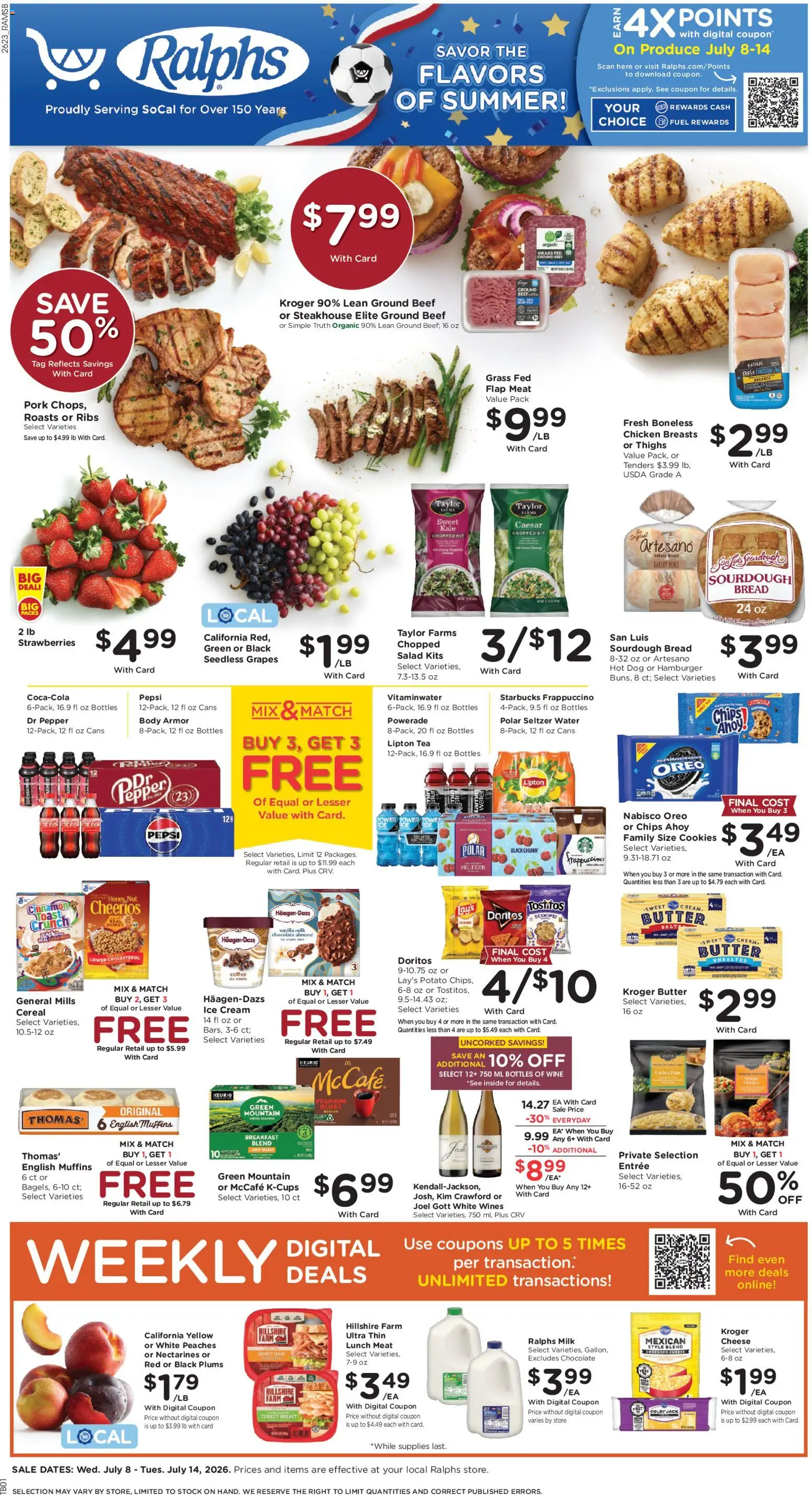 Ralphs Weekly Ad - valid from 07/08/2026 | Page: 1 | Products: Kale, Pork, Salad, Peach