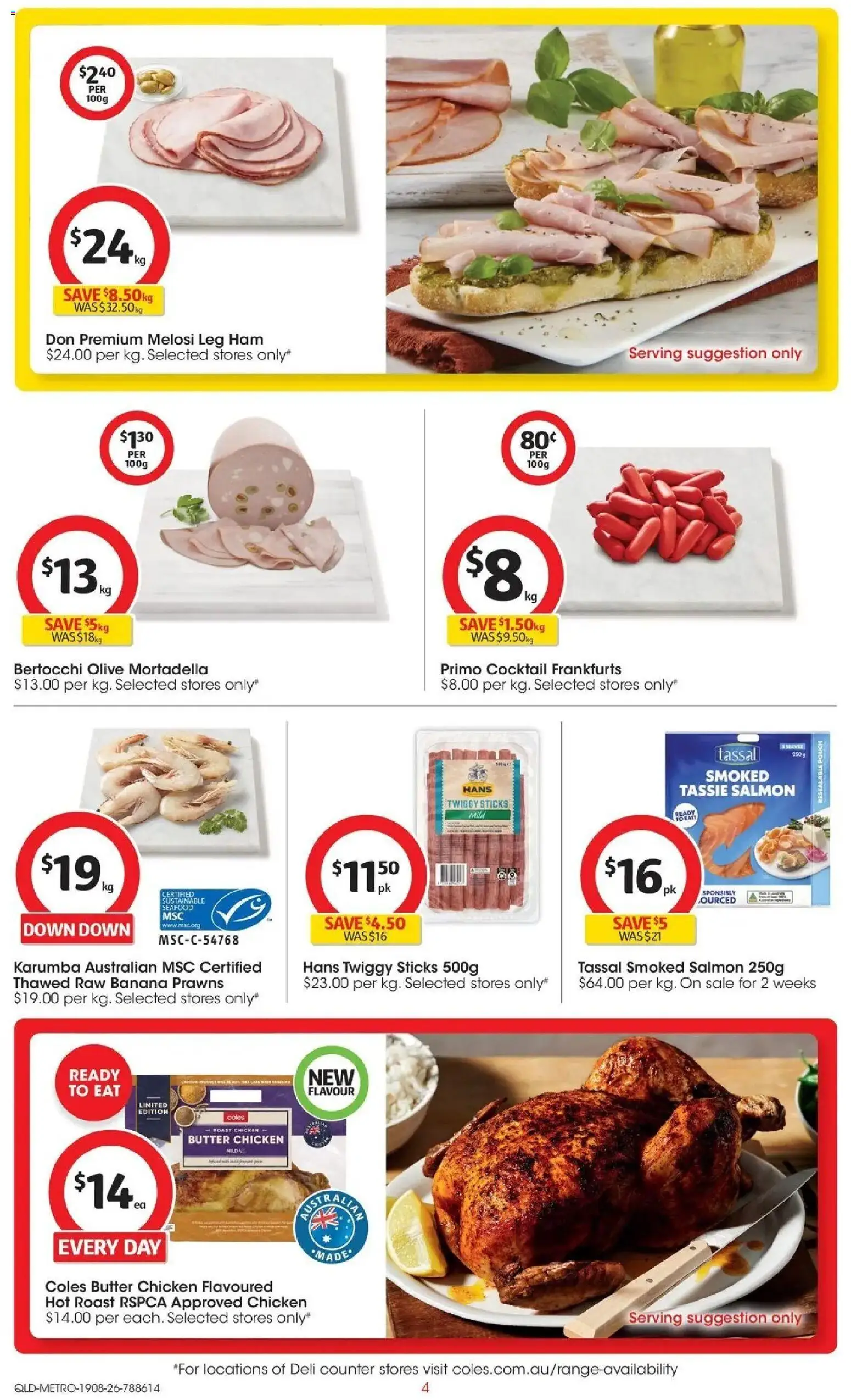 ﻿Coles catalogue valid from 19/08/2026 > Online Australia | Page: 4 | Products: Ham, Cocktail, Prawns, Salmon