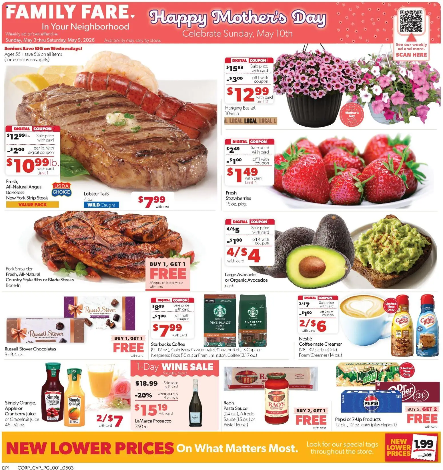 Family Fare Weekly Ad - MI - valid from 03.05.2026 | Page: 1 | Products: Coffee, Pork, Strawberries, Grapefruit