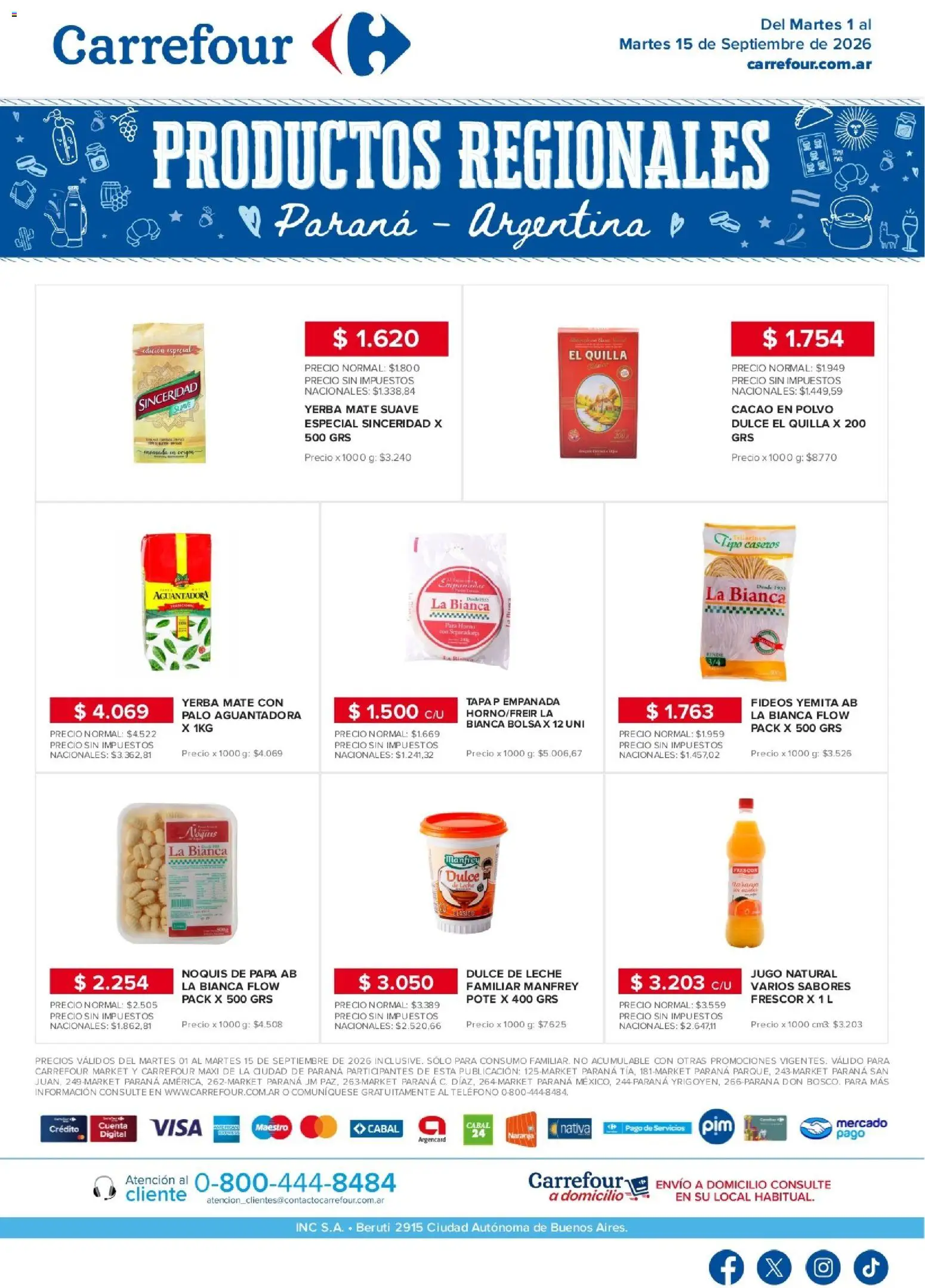 Carrefour - Regionales | Paraná │ válido desde el 01/09/2026 | Página: 1 | Productos: Teléfono, Mate, Dulce de leche, Fideos
