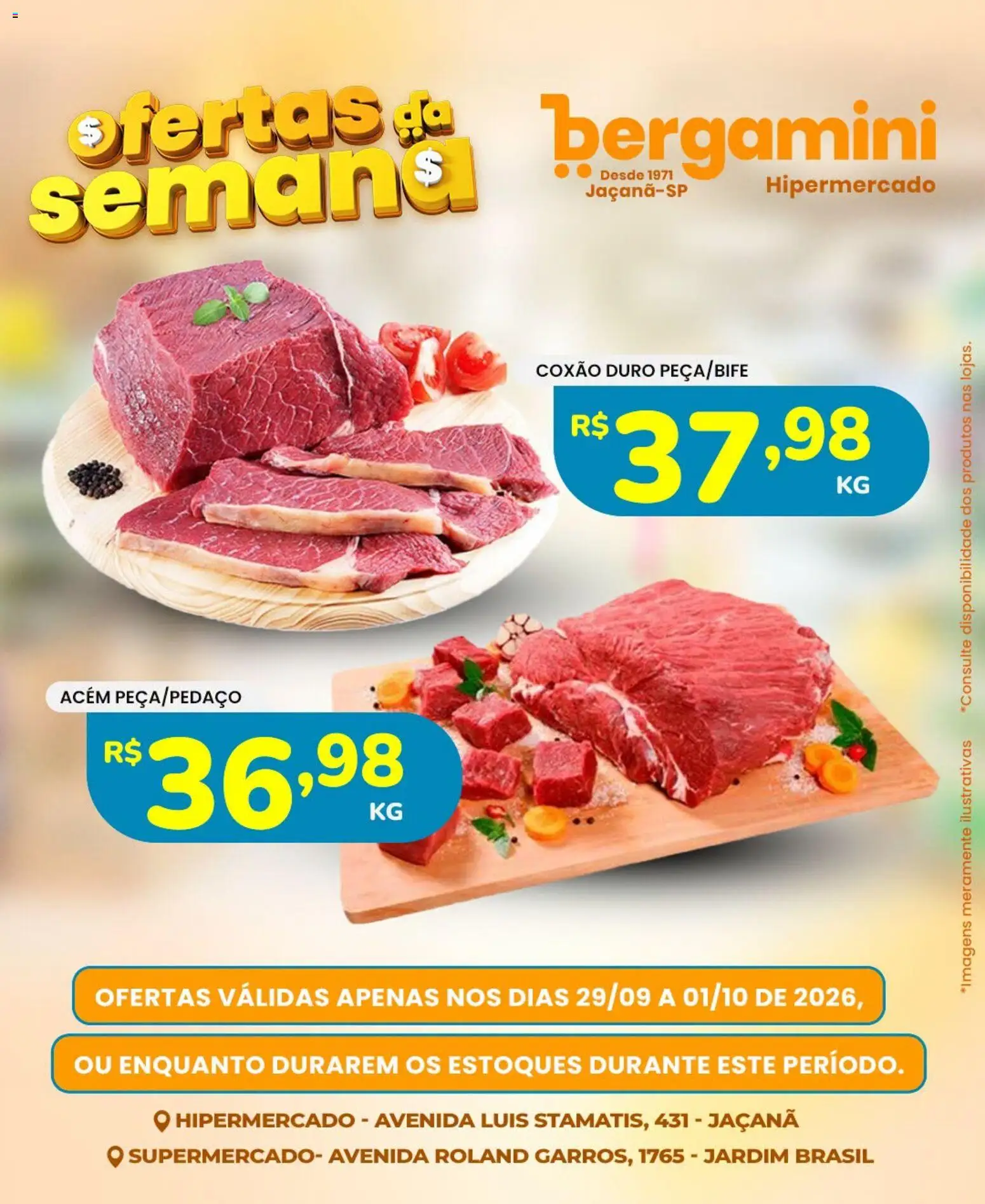 Supermercado Bergamini Folheto - válido de 29/09/2026 | Página: 1 | Produtos: Coxão duro, Acém