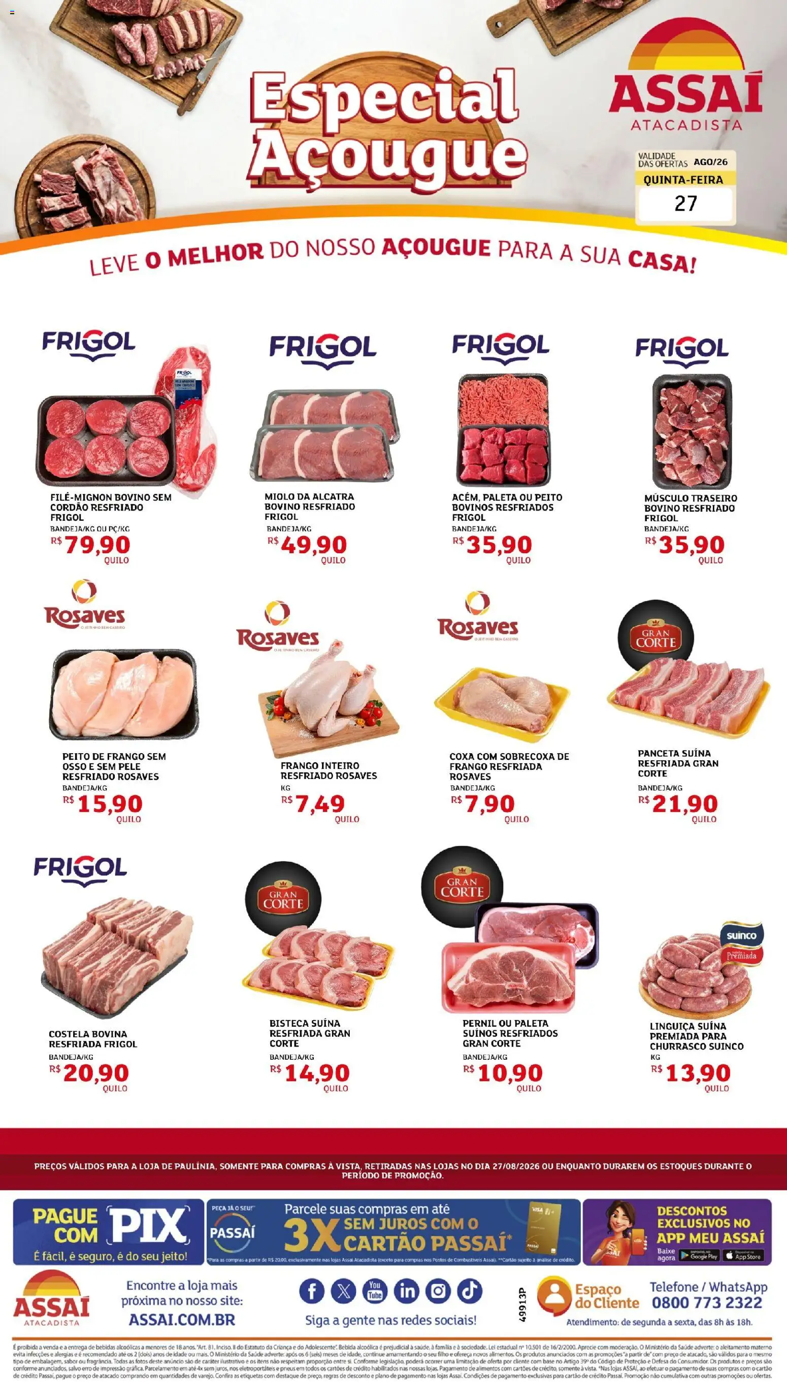 Assaí Atacadista Folheto - válido de 27/08/2026 | Página: 1 | Produtos: Frango inteiro, Pneus, Alimentos, Peito de frango