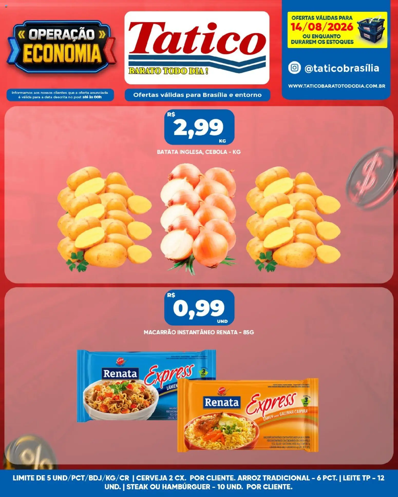 Tatico Folheto - válido de 14/08/2026 | Página: 1 | Produtos: Leite, Cerveja, Arroz, Macarrão instantâneo