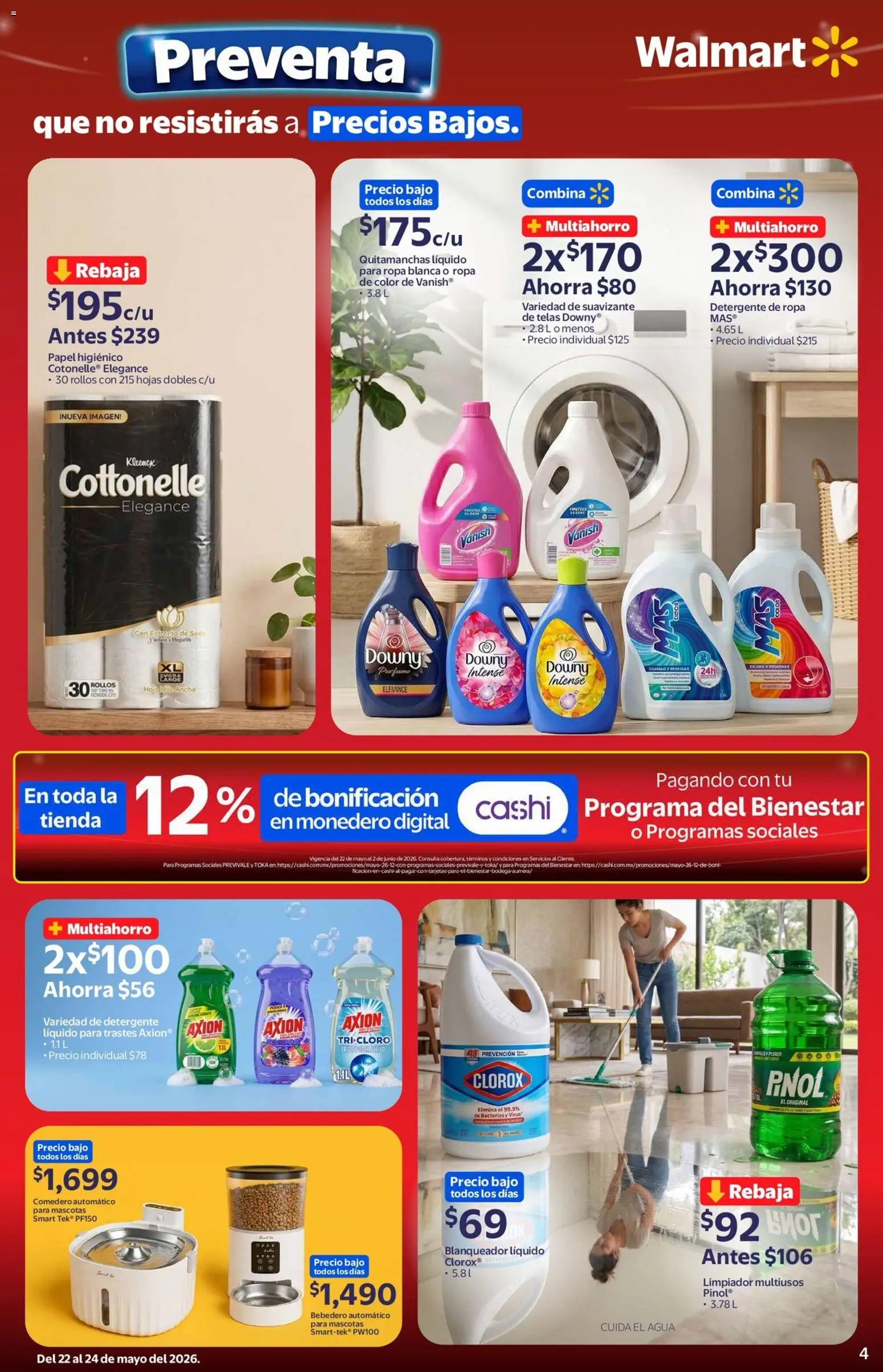 Nuevas ofertas de Walmart válidas en toda la República Mexicana desde el 22.05.2026. ¡Encuentra las mejores ofertas en Walmart folleto Preventa! | Página: 4 | Productos: Monedero, Agua, Papel higiénico, Ropa