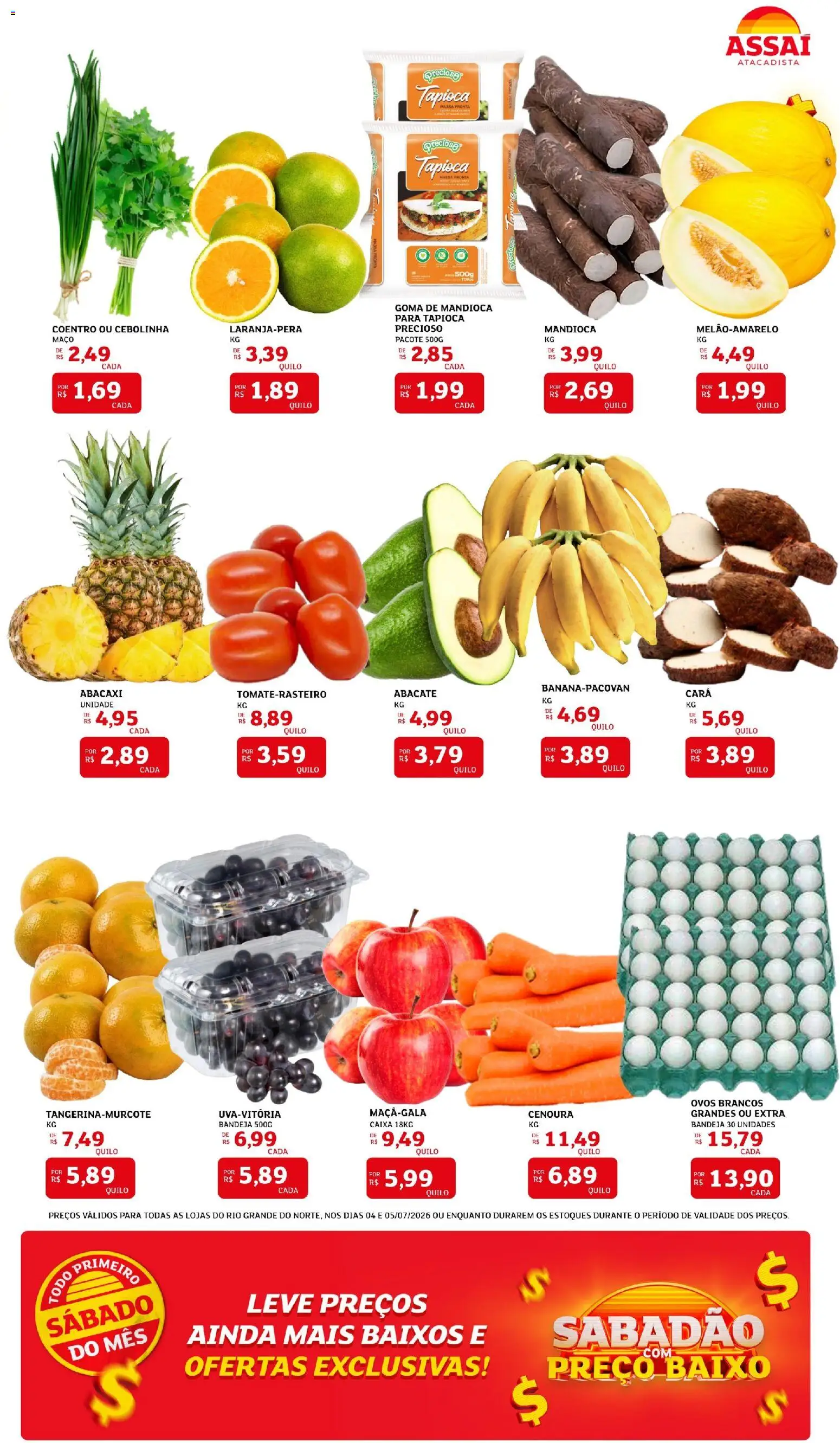 Assaí Atacadista Folheto - válido de 04/07/2026 | Página: 3 | Produtos: Mandioca, Caixa, Ovos, Baixo