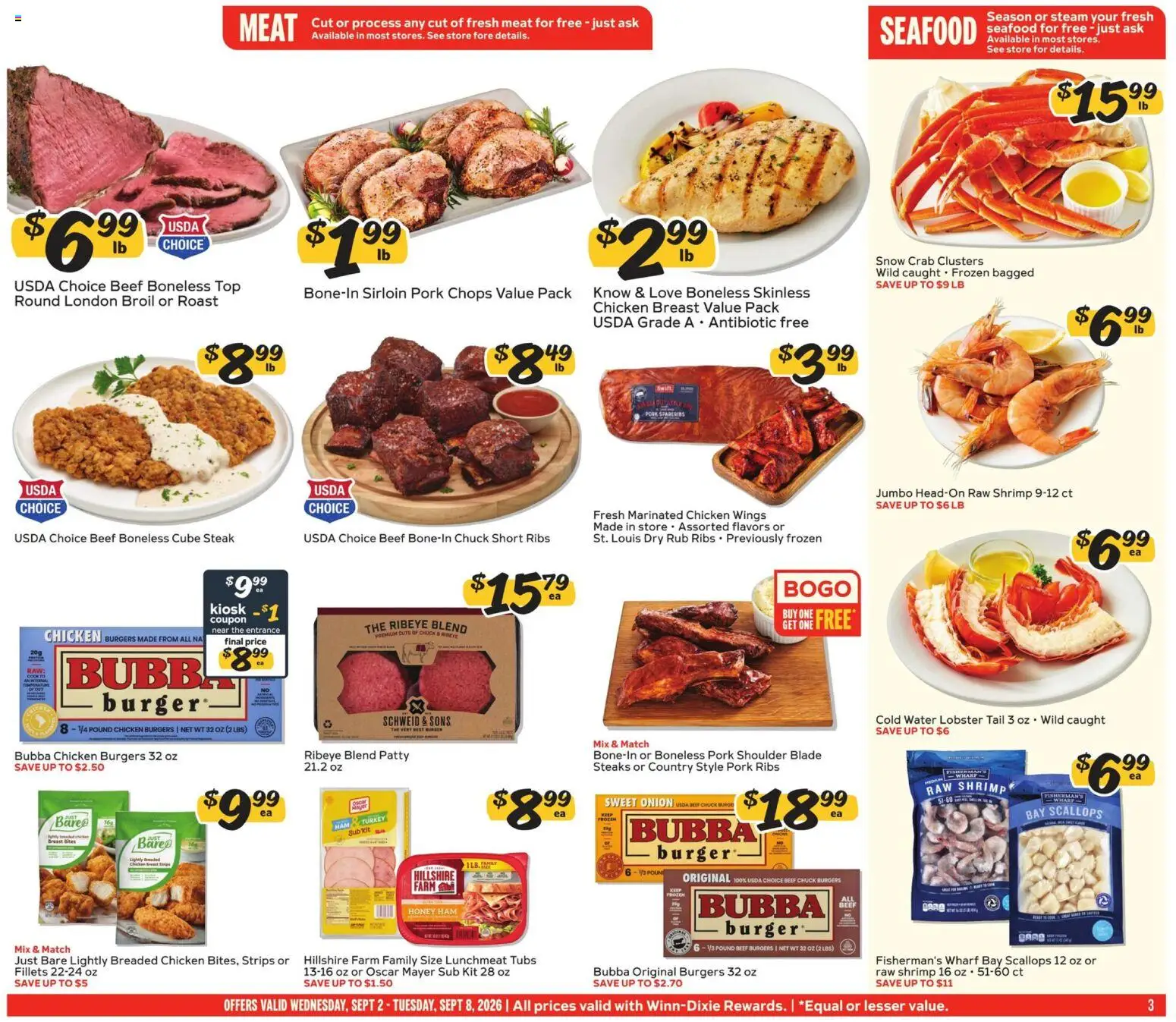 Winn Dixie Weekly Ad - valid from 09/02/2026 | Page: 3 | Products: Pork shoulder, Shrimp, Meat, Steak