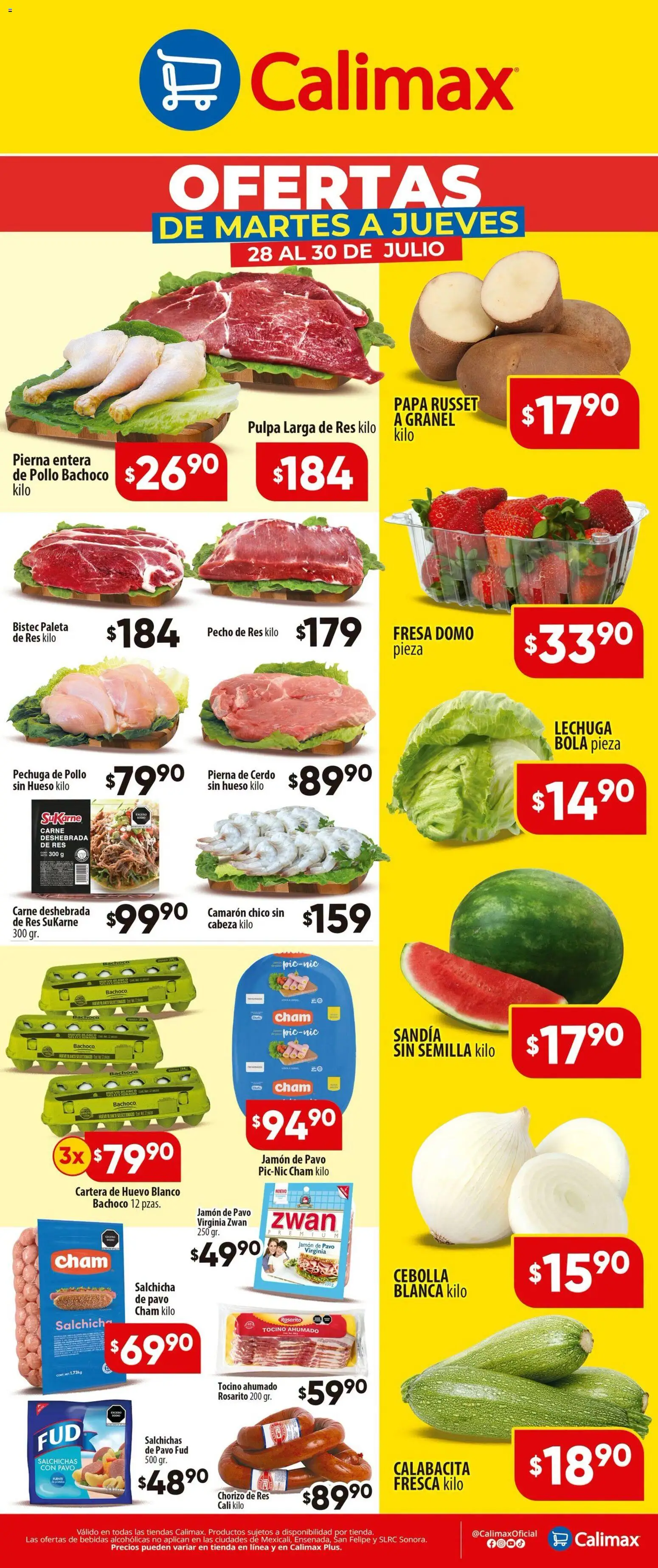 Nuevas ofertas de Calimax válidas en toda la República Mexicana desde el 28/07/2026. ¡Encuentra las mejores ofertas en Calimax folleto! | Página: 1 | Productos: Cebolla, Huevo, Cerdo, Chorizo