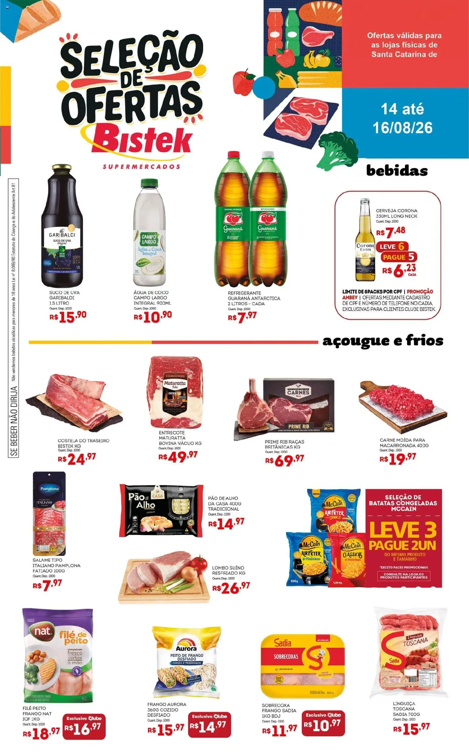 Bistek Supermercados Folheto - válido de 14/08/2026 | Página: 1 | Produtos: Frango desfiado, Guaraná, Uva, Telefone