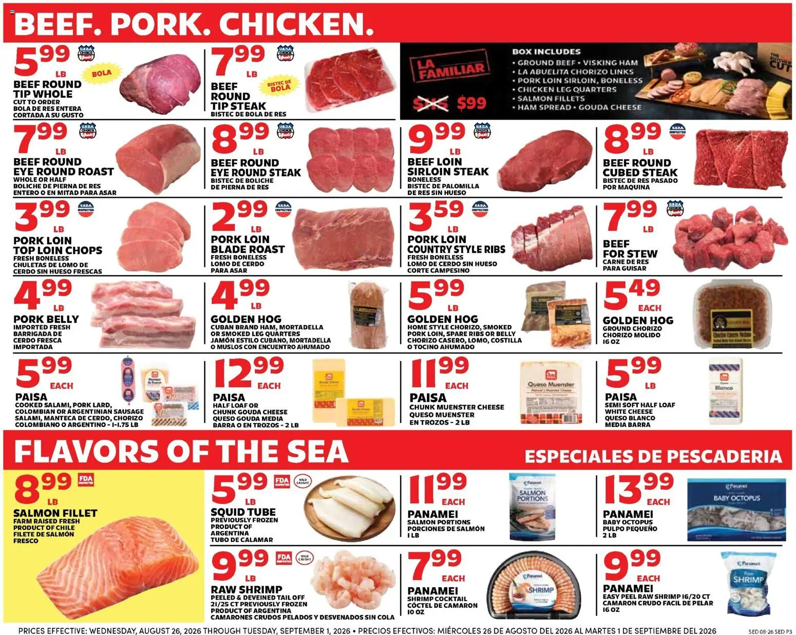 Sedano's Weekly Ad - valid from 08/26/2026 | Page: 3 | Products: Box, Cheese, Pork belly, Beef