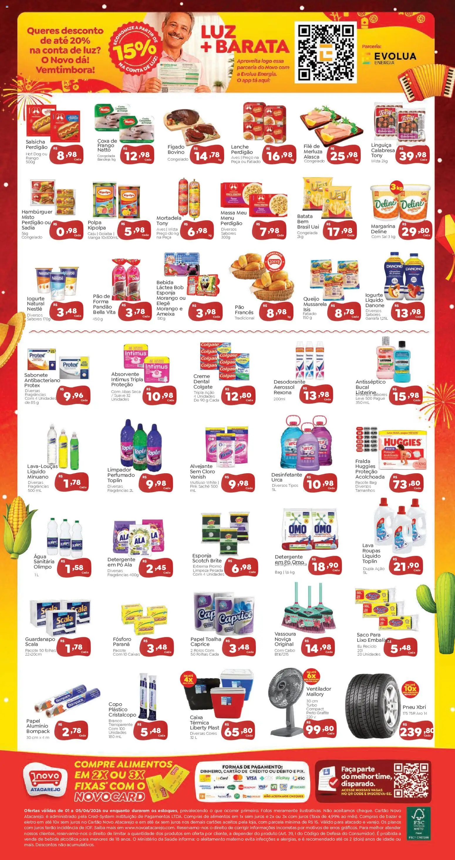 Novo Atacarejo Folheto - válido de 01.06.2026 | Página: 2 | Produtos: Salsicha, Mortadela, Sabonete, Ameixa