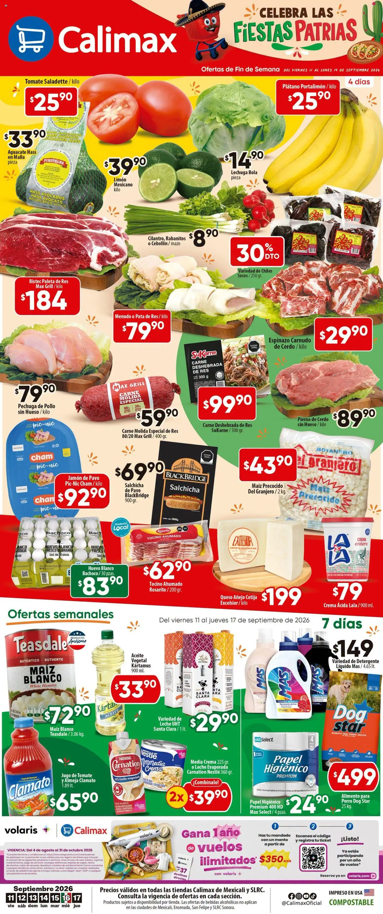 Nuevas ofertas de Calimax válidas en toda la República Mexicana desde el 11/09/2026. ¡Encuentra las mejores ofertas en Calimax folleto Mexicali y SLRC! | Página: 1 | Productos: Bistec, Leche, Queso, Jamón
