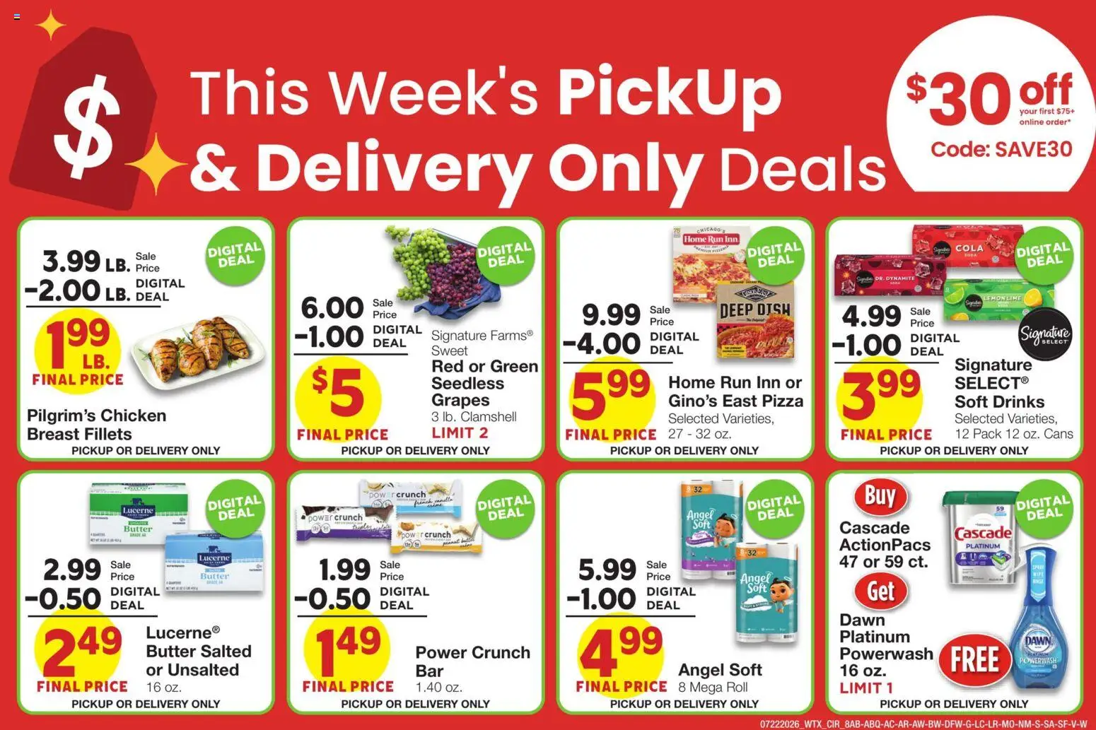 United Supermarkets Weekly Ad - valid from 07/22/2026 | Page: 8 | Products: Butter, Pizza, Lime, Grapes