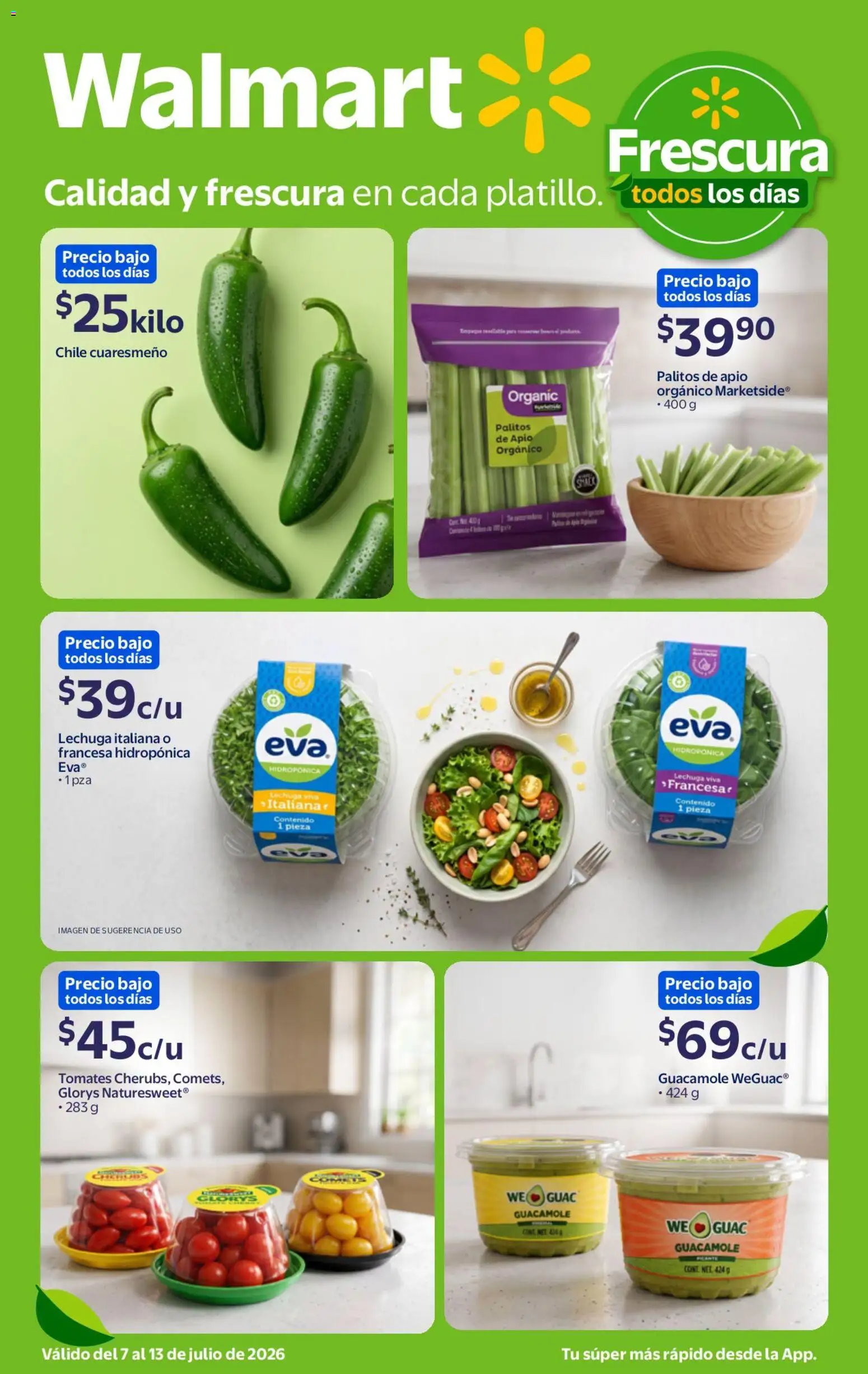 Nuevas ofertas de Walmart válidas en toda la República Mexicana desde el 07/07/2026. ¡Encuentra las mejores ofertas en Walmart folleto Calidad y Precios Bajos! | Página: 2 | Productos: Apio, Lechuga, Tomates