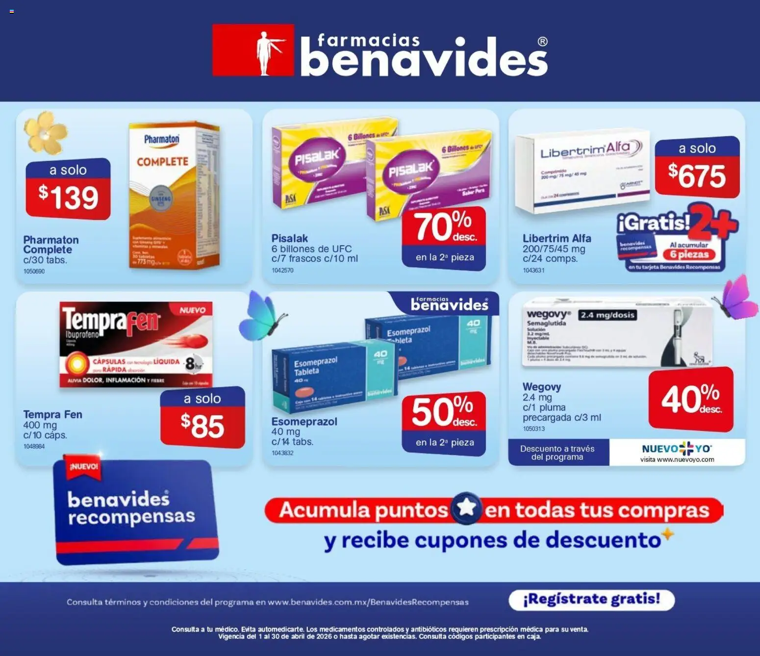 Nuevas ofertas de Farmacia Benavides válidas en toda la República Mexicana desde el 01.04.2026. ¡Encuentra las mejores ofertas en Farmacia Benavides catálogo! | Página: 1 | Productos: Tableta