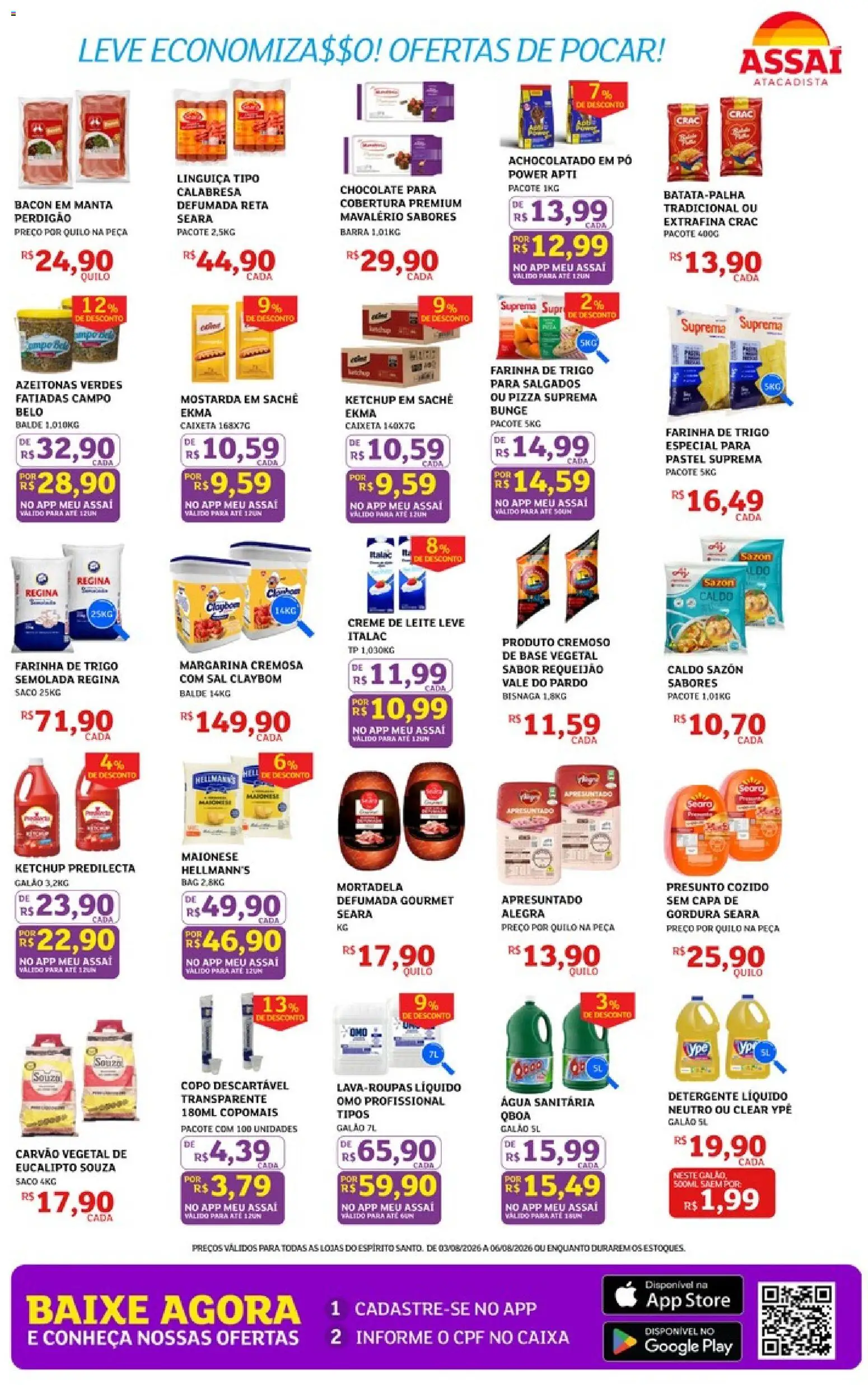 Assaí Atacadista Folheto - válido de 03/08/2026 | Página: 3 | Produtos: Azeitonas, Farinha de trigo, Creme de leite, Água sanitária