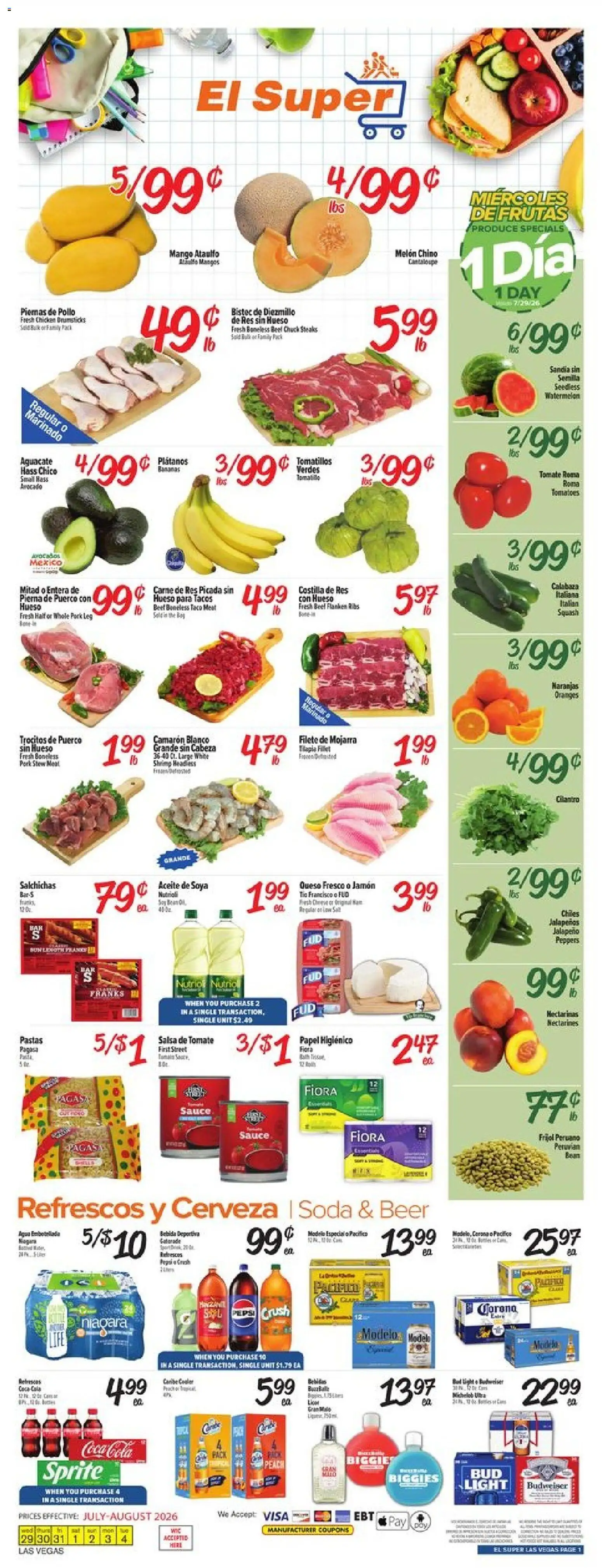 El Super Weekly Ad - NV - valid from 07/29/2026 | Page: 1 | Products: Jalapeno peppers, Beer, Sauce, Melon