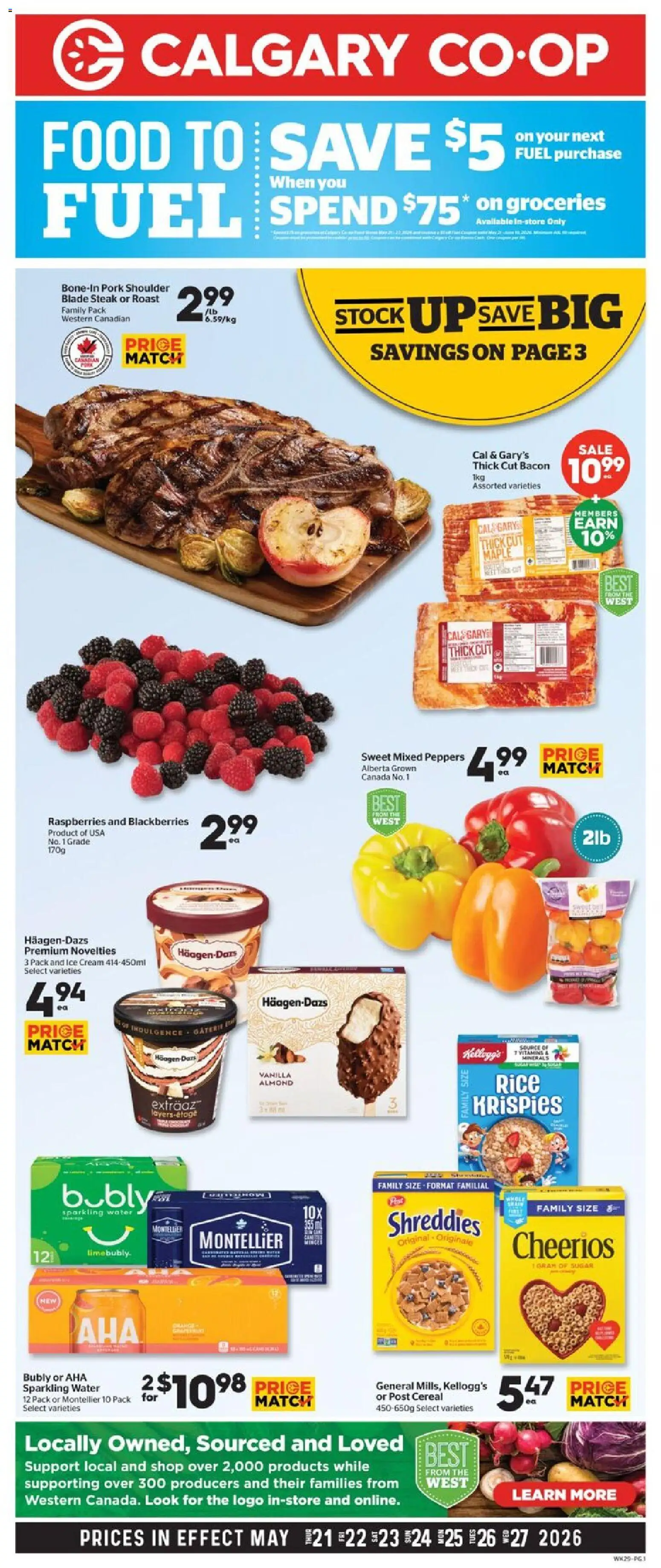 Calgary Co-op flyer valid from 21.05.2026 | Page: 1 | Products: Rice, Cream, Ice cream, Pork
