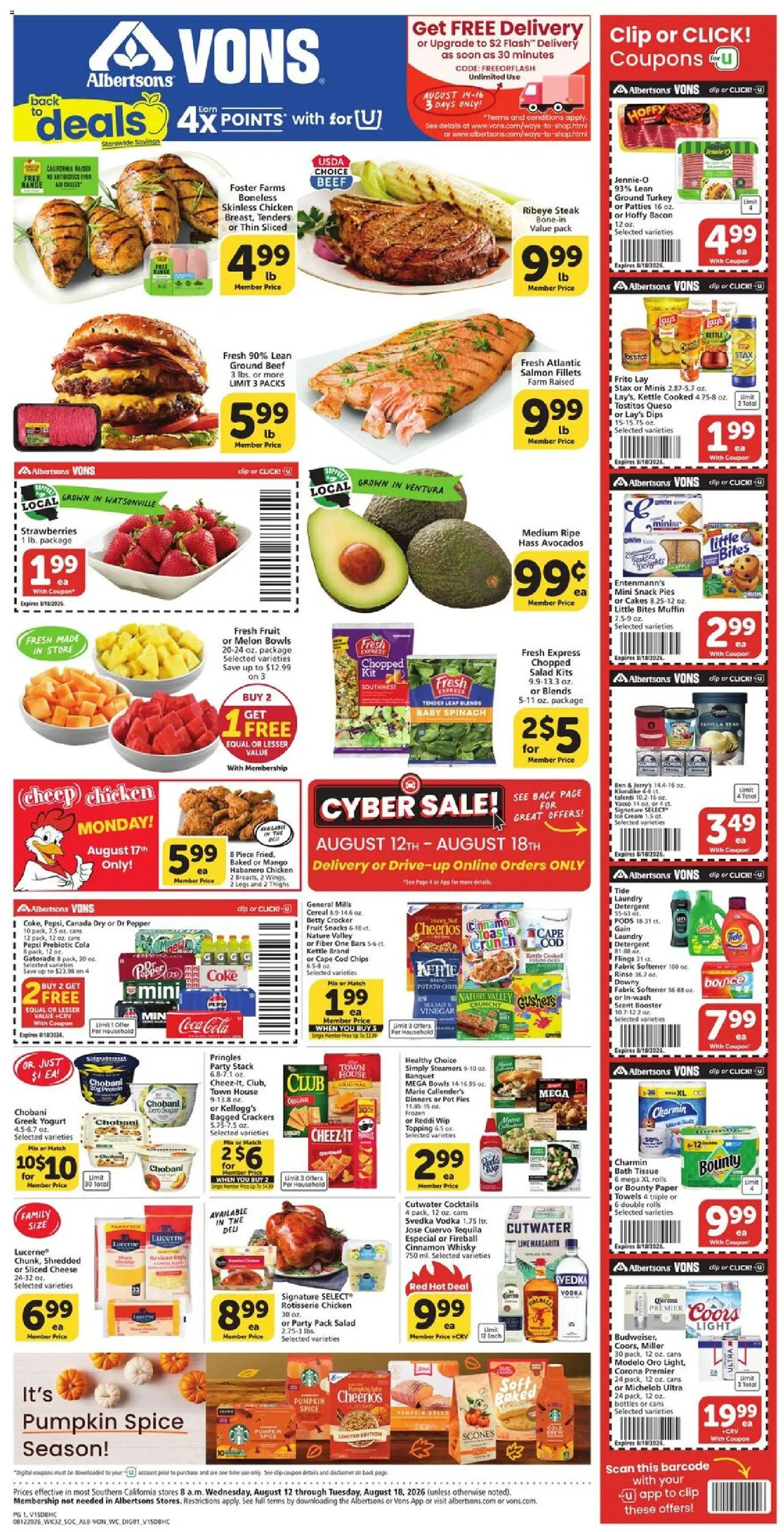 Vons Weekly Ad - valid from 08/12/2026 | Page: 1 | Products: Potato chips, Ice cream, Salad, Mango
