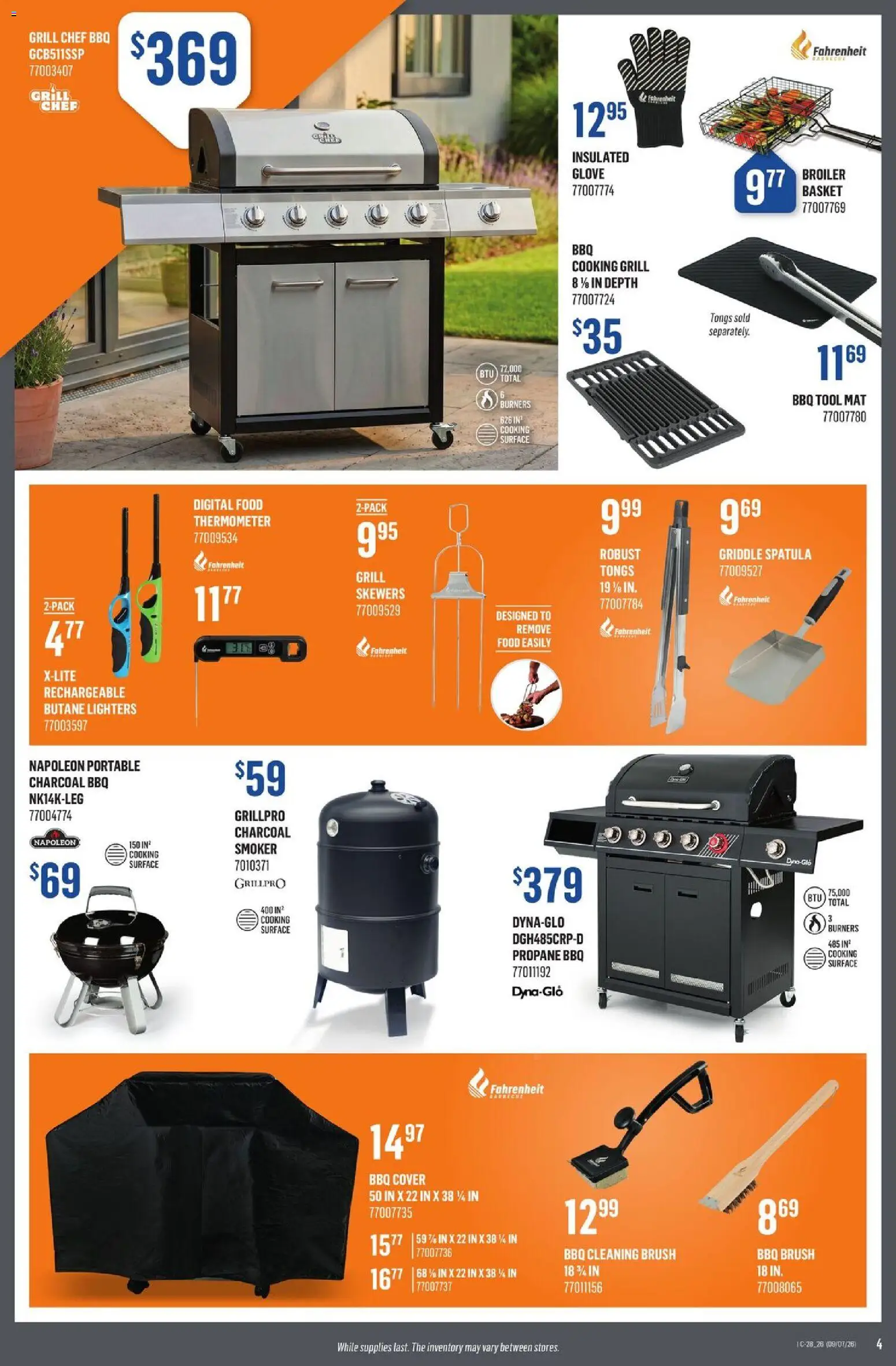 Canac flyer valid from Jul 9, 2026 | Page: 4 | Products: Grill, Thermometer, Brush, Basket