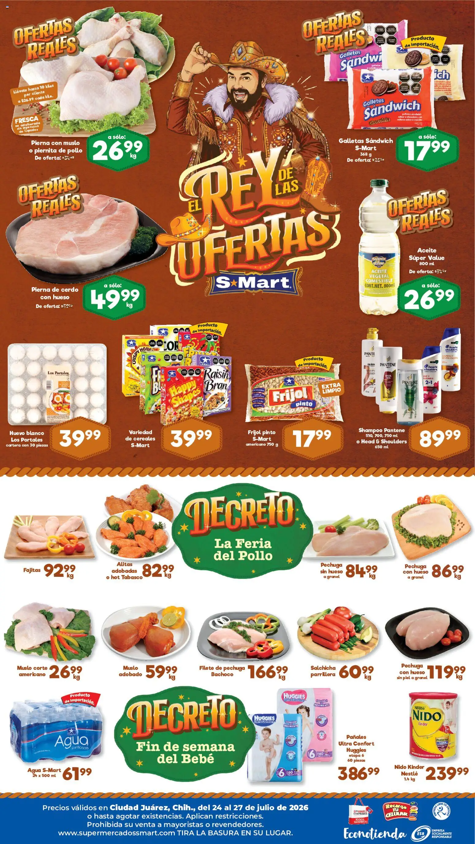 Nuevas ofertas de S-Mart válidas en toda la República Mexicana desde el 24/07/2026. ¡Encuentra las mejores ofertas en S-Mart folleto Juárez! | Página: 2 | Productos: Salchicha, Aceite, Cerdo, Pañales