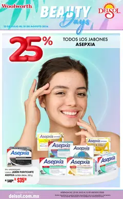 Vista previa de Del Sol y Woolworth catálogo, nuevo folleto de la tienda, válido en México a partir del 23/07/2026 | Página: 9 | Productos: Esponja, Cama, Jabón