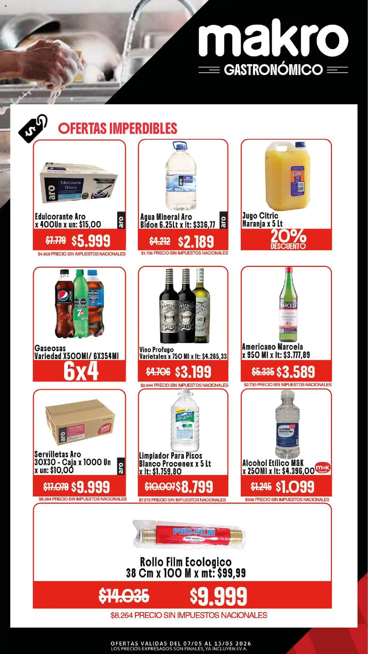 Makro Ofertas GASTRONÓMICO │ válido desde el 07.05.2026 | Página: 4 | Productos: Servilletas, Edulcorante, Agua, Jugo