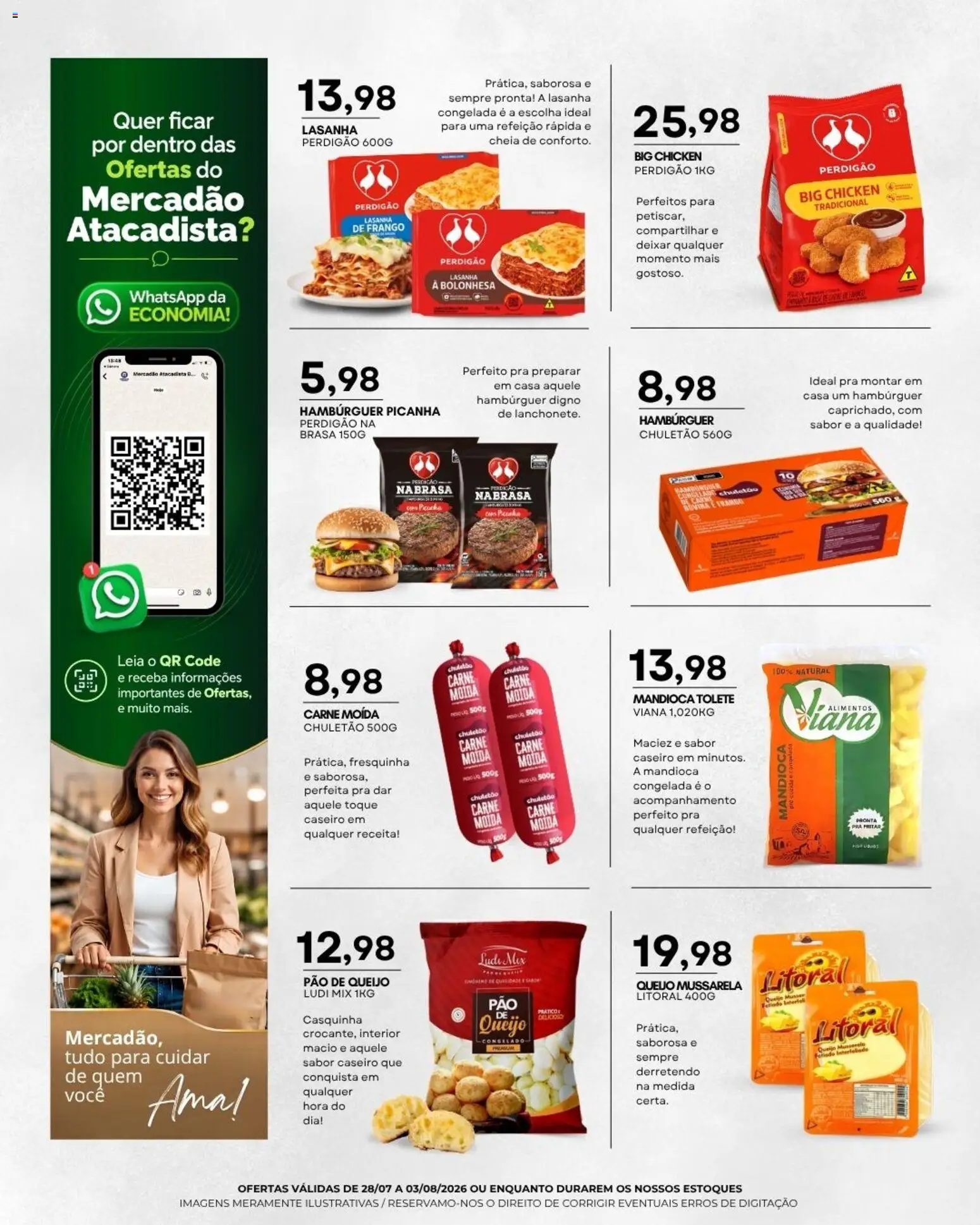 Mercadão Atacadista Folheto - válido de 28/07/2026 | Página: 4 | Produtos: Mussarela litoral, Lasanha, Chuletão, Pão de queijo