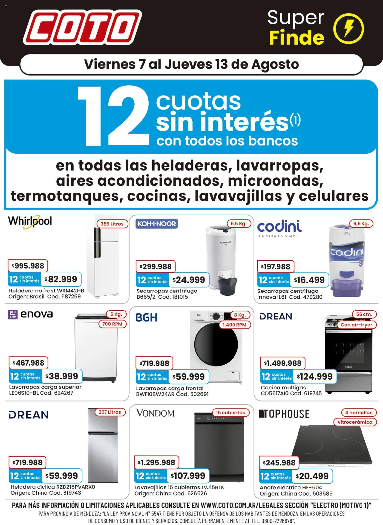 Coto ofertas │ válido desde el 07/08/2026 | Página: 1 | Productos: Anafe, Cocina, Lavarropas, Heladera