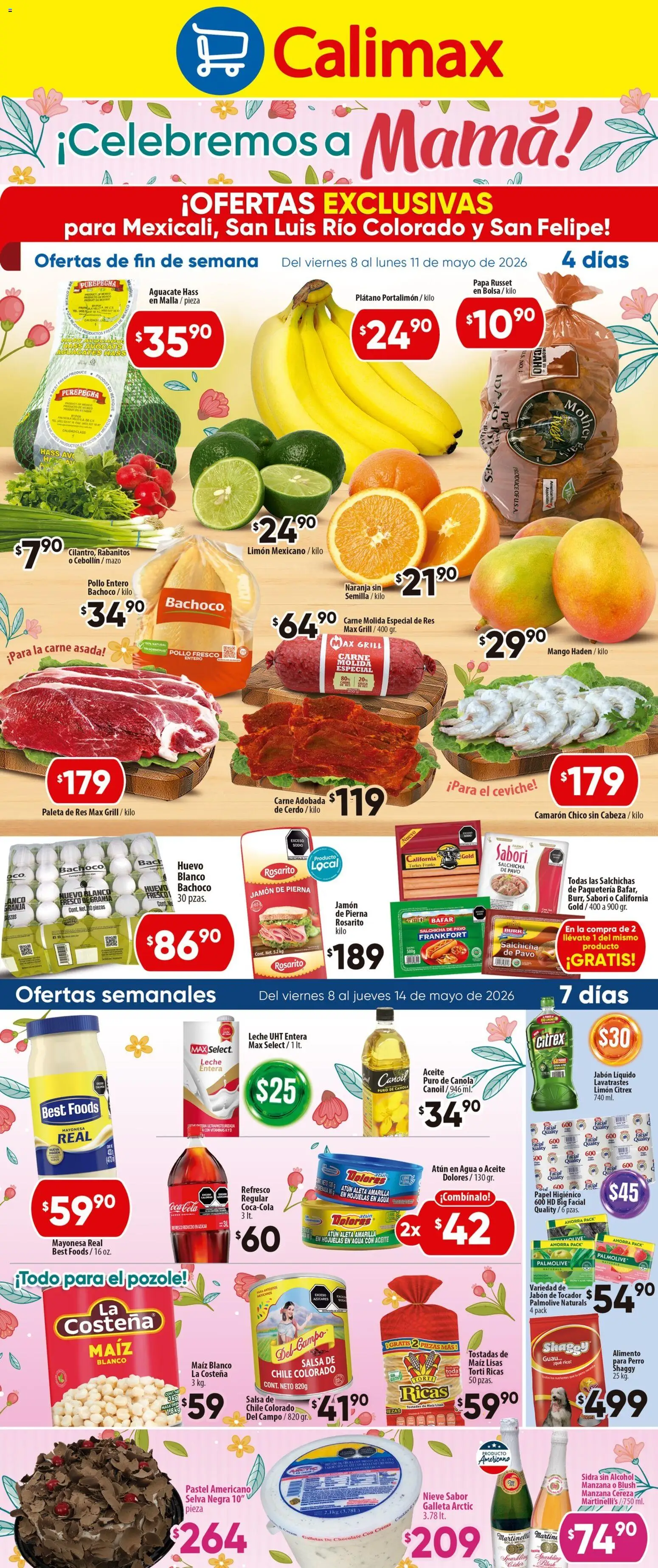 Nuevas ofertas de Calimax válidas en toda la República Mexicana desde el 08.05.2026. ¡Encuentra las mejores ofertas en Calimax folleto Mexicali y SLRC! | Página: 1 | Productos: Mayonesa, Salchicha, Leche, Mango