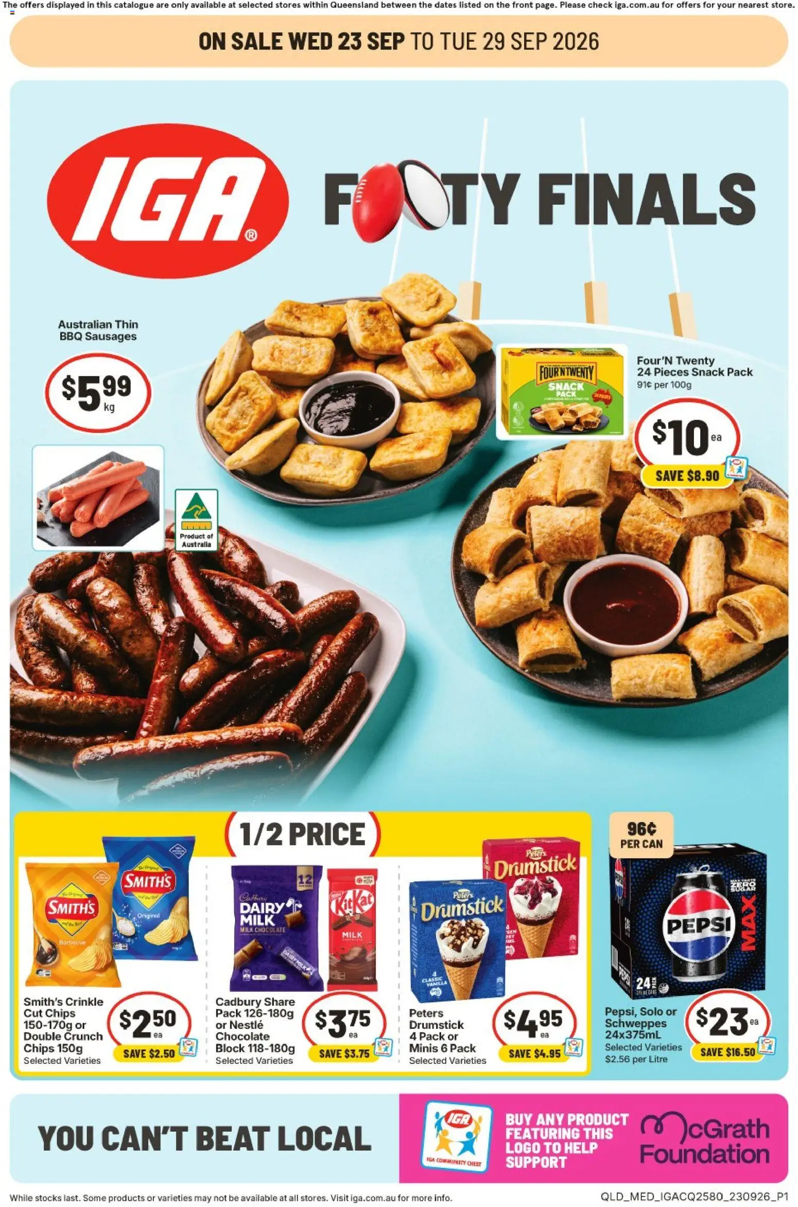 IGA catalogue - valid from 23/09/2026 | Page: 1 | Products: Chocolate, Chips, Foundation, Sausages
