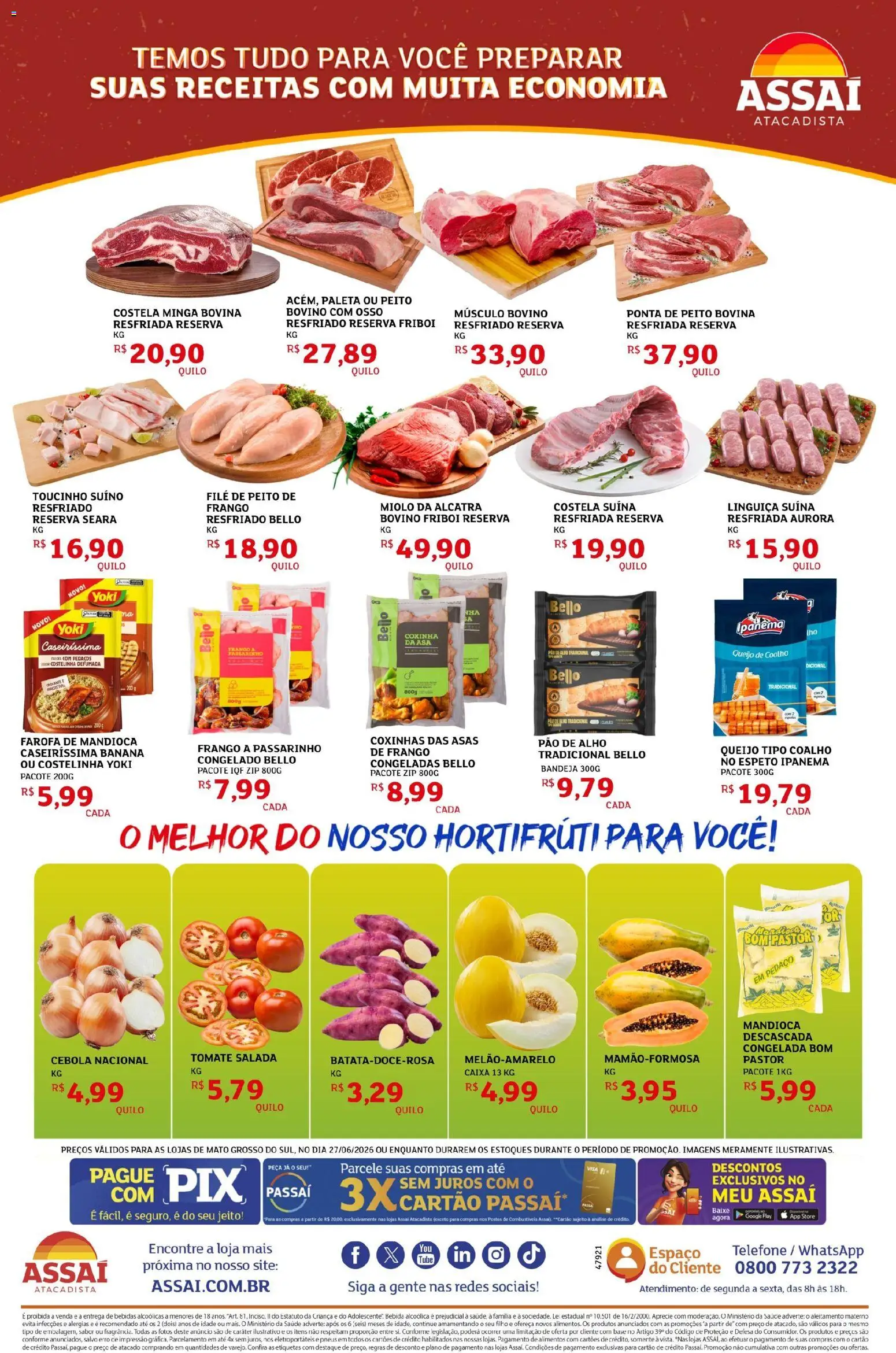 Assaí Atacadista Folheto - válido de 27/06/2026 | Página: 2 | Produtos: Mandioca, Queijo, Base, Telefone