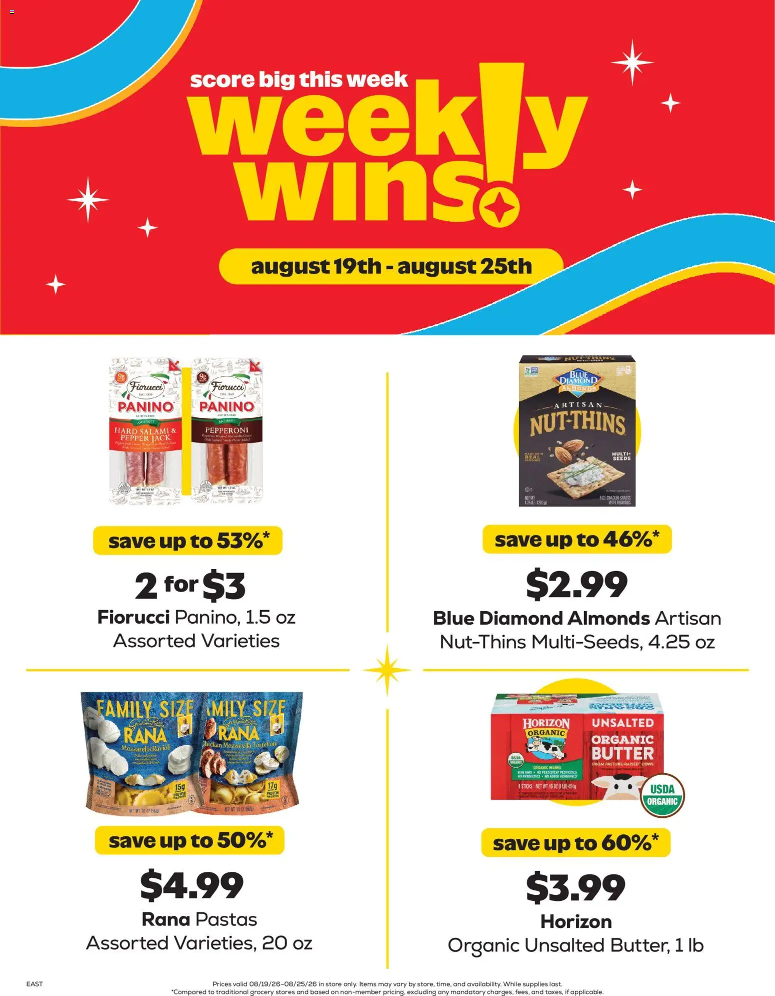 Grocery Outlet Weekly Ad - valid from 08/19/2026 | Page: 1 | Products: Almonds, Chicken, Pepper, Mozzarella