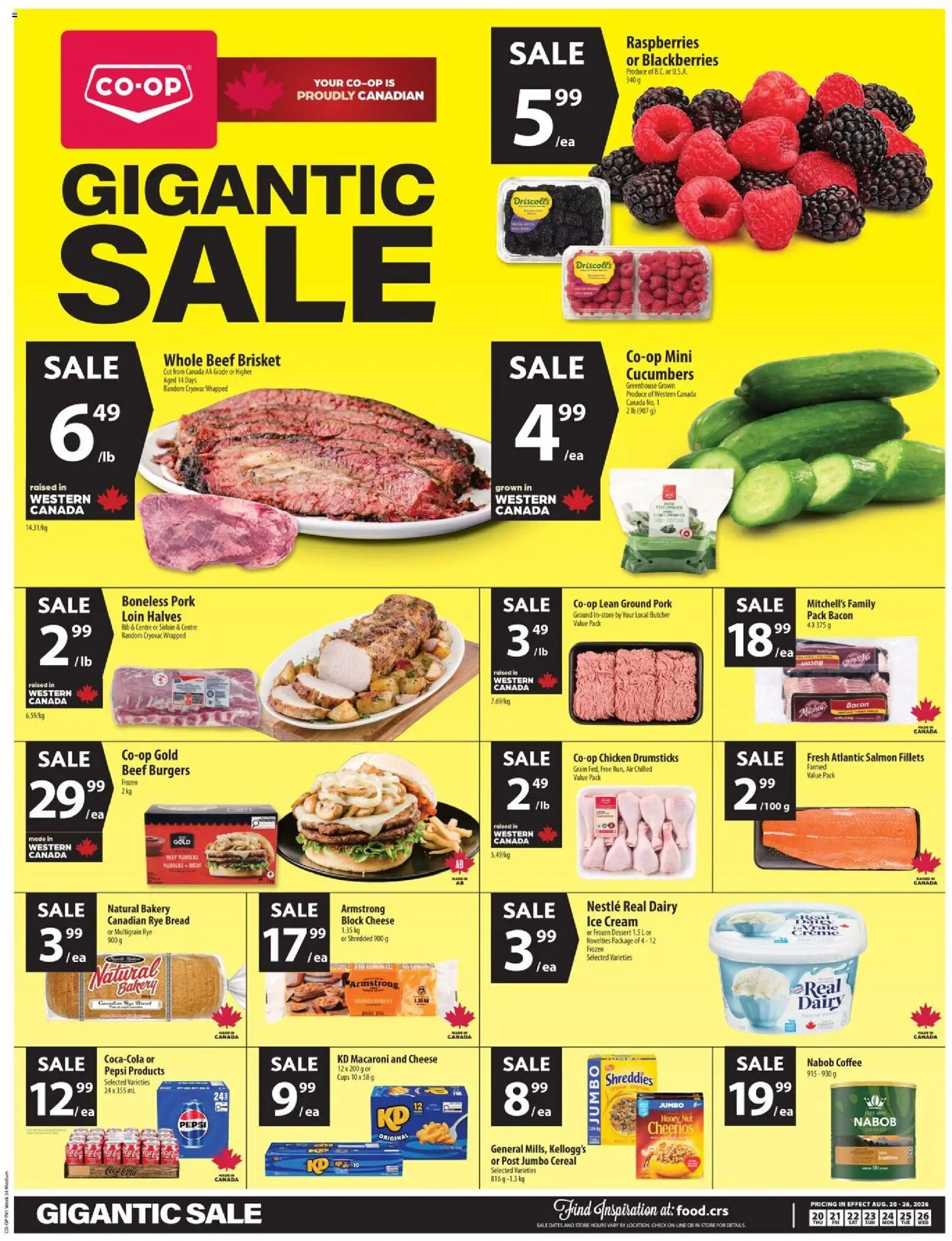 Co-op Food flyer valid from Aug 20, 2026 | Page: 1 | Products: Bacon, Salmon, Dessert, Coffee