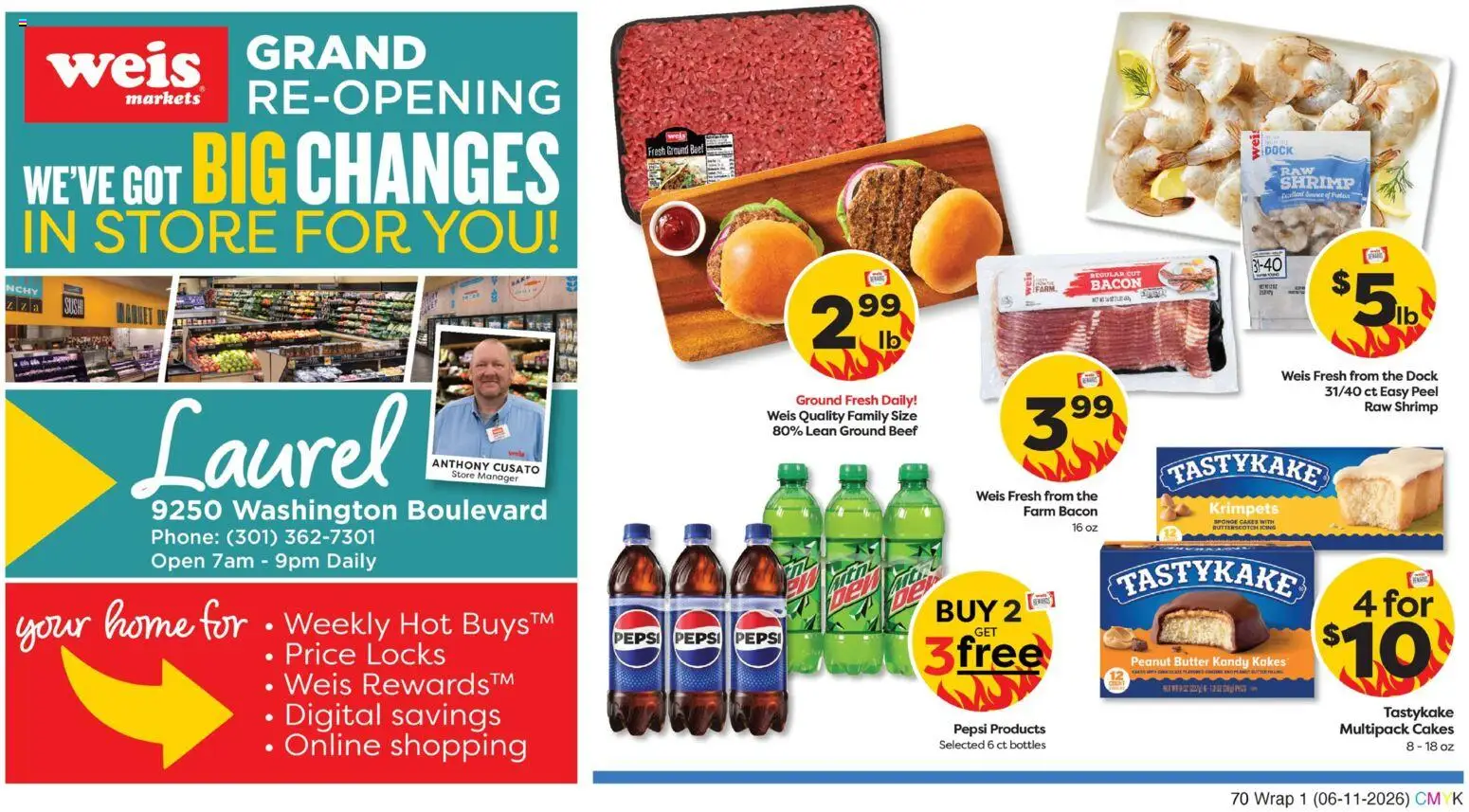 Weis Grand Opening - valid from 11.06.2026 | Page: 1 | Products: Butter, Beef, Sponge, Phone