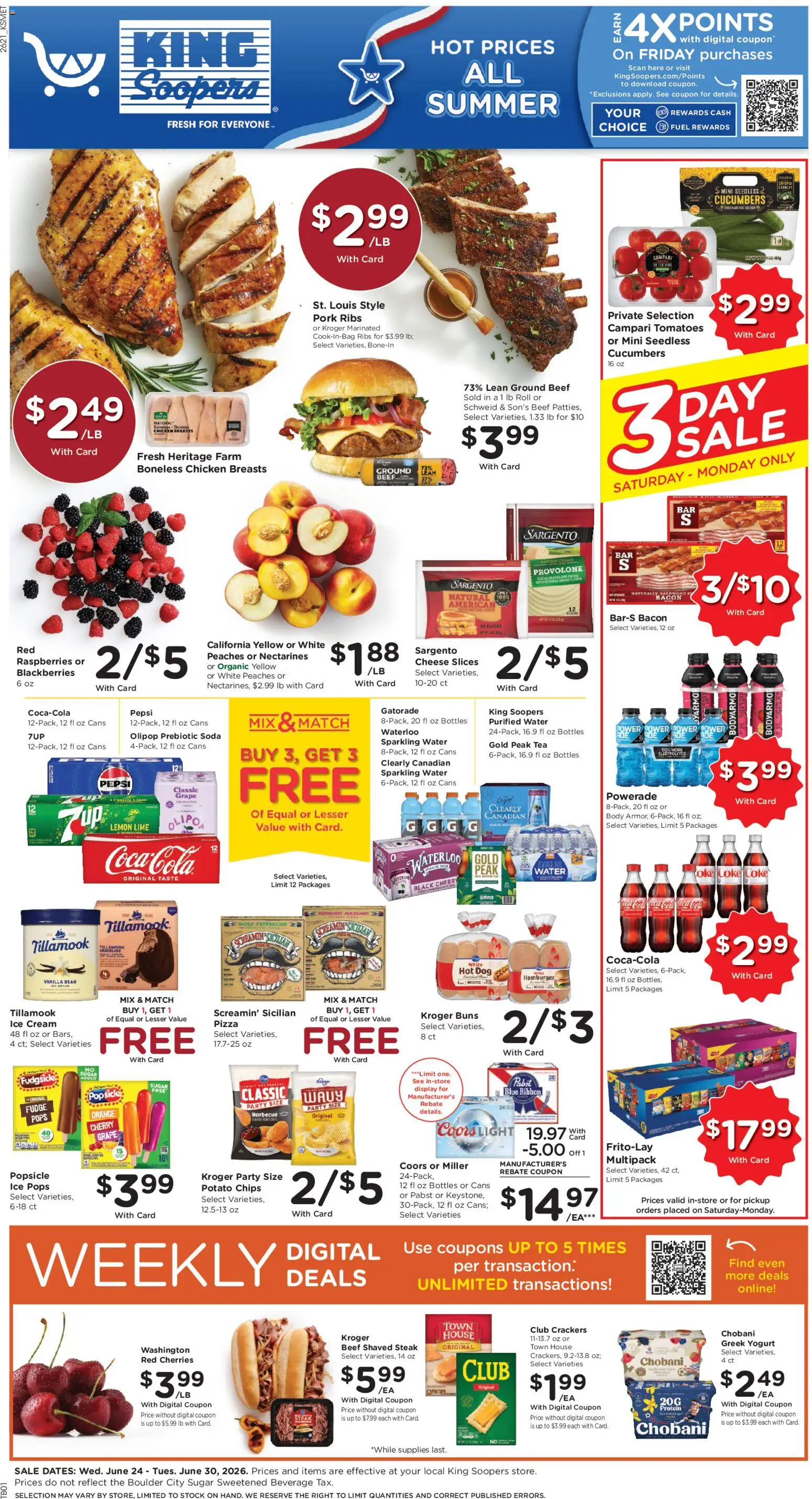King Soopers Weekly Ad - valid from 06/24/2026 | Page: 1 | Products: Cheese, Tomatoes, Chips, Water