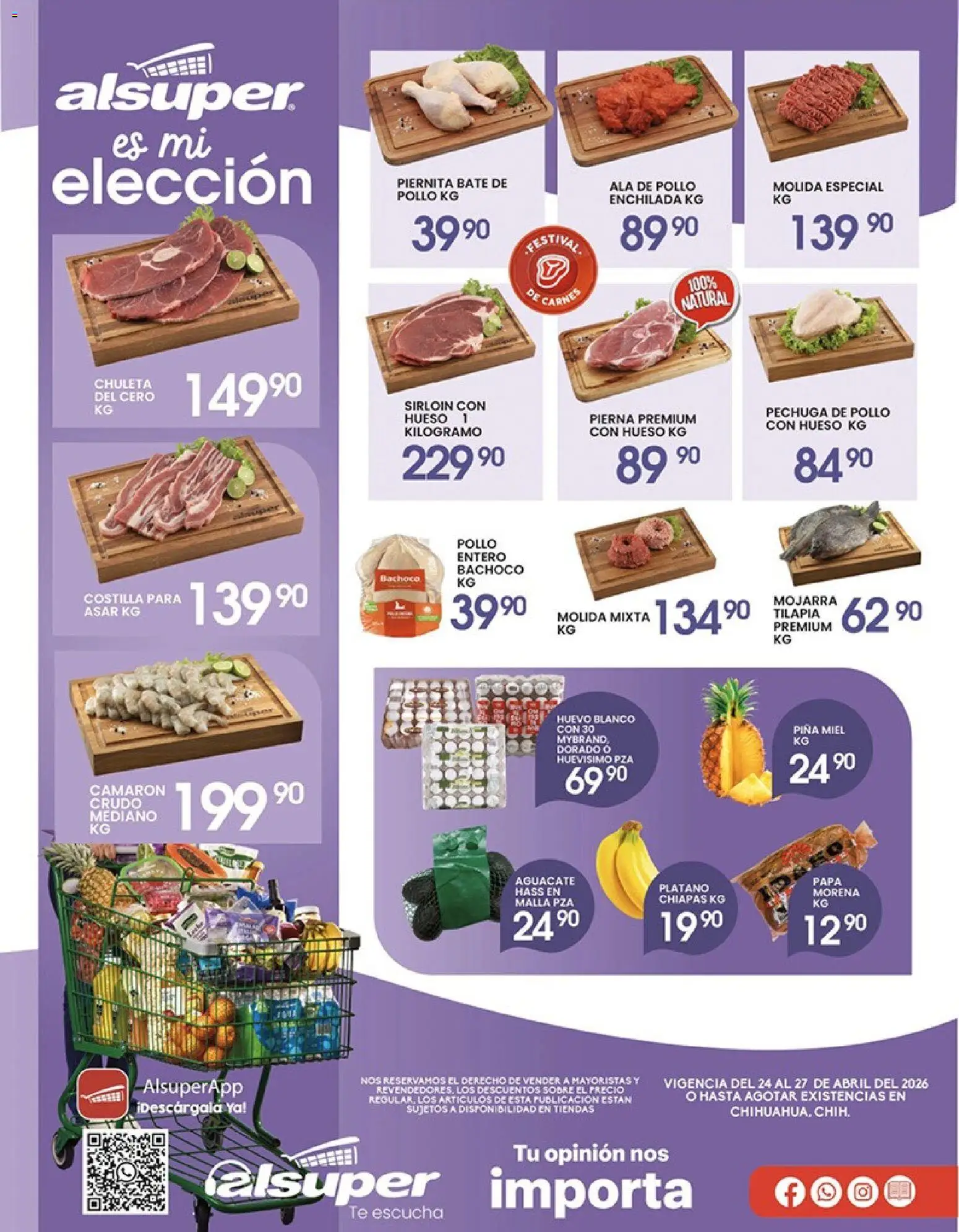 Nuevas ofertas de Alsuper válidas en toda la República Mexicana desde el 24/04/2026. ¡Encuentra las mejores ofertas en Alsuper folleto Chihuahua-Ciudad! | Página: 1 | Productos: Plátano, Huevo, Piña, Malla