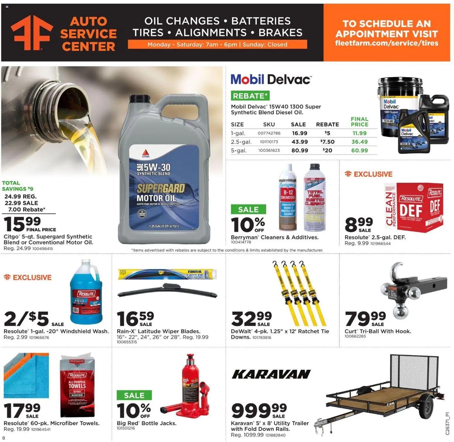Mills Fleet Farm Weekly Ad - valid from 09/08/2026 | Page: 10 | Products: Ratchet, Utility trailer, Windshield, Motor Oil