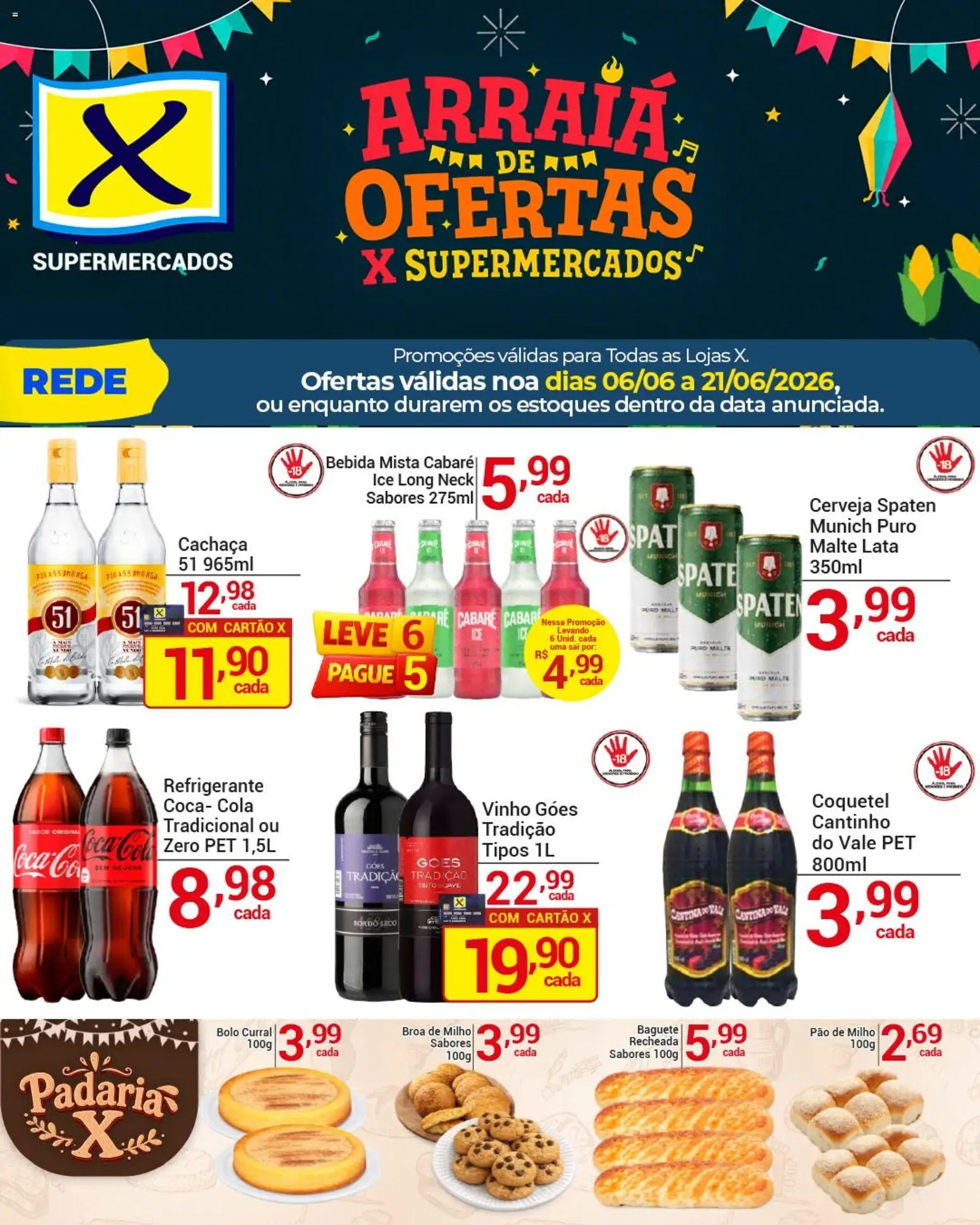 X Supermercados Folheto - válido de 06.06.2026 | Página: 1 | Produtos: Cachaça, Cola, Vinho, Bolo