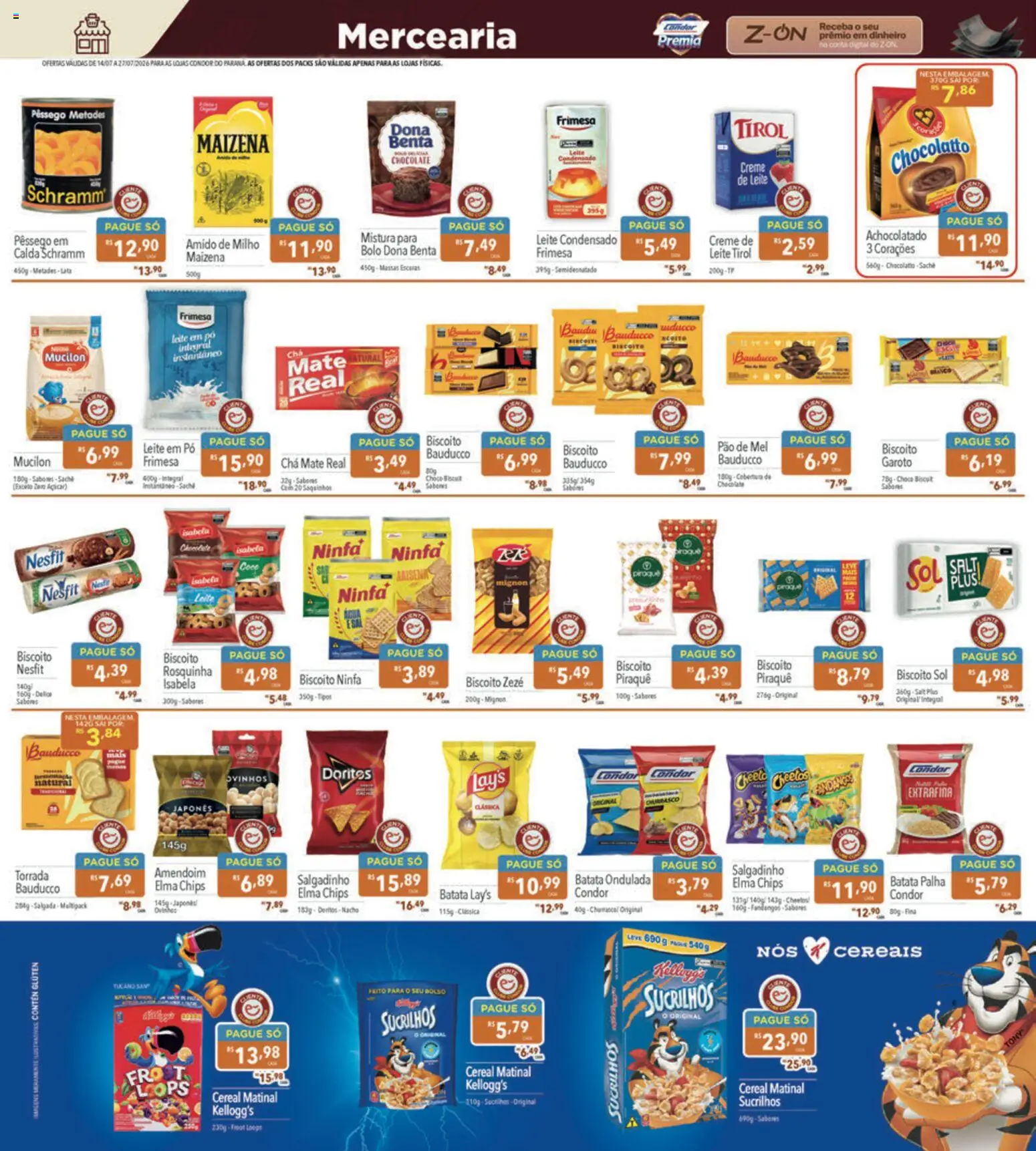 Supermercados Condor Folheto - válido de 14/07/2026 | Página: 9 | Produtos: Pêssego, Biscoito, Sucrilhos, Leite condensado