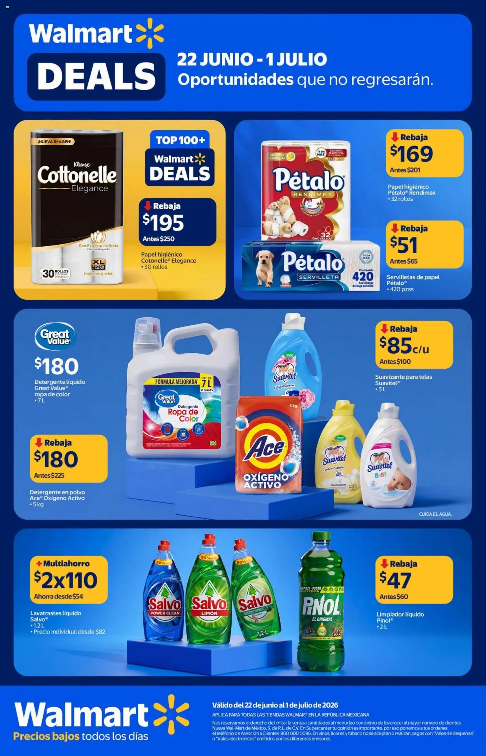 Nuevas ofertas de Walmart válidas en toda la República Mexicana desde el 22/06/2026. ¡Encuentra las mejores ofertas en Walmart folleto Deals! | Página: 16 | Productos: Limpiador, Papel higiénico, Top, Despensa