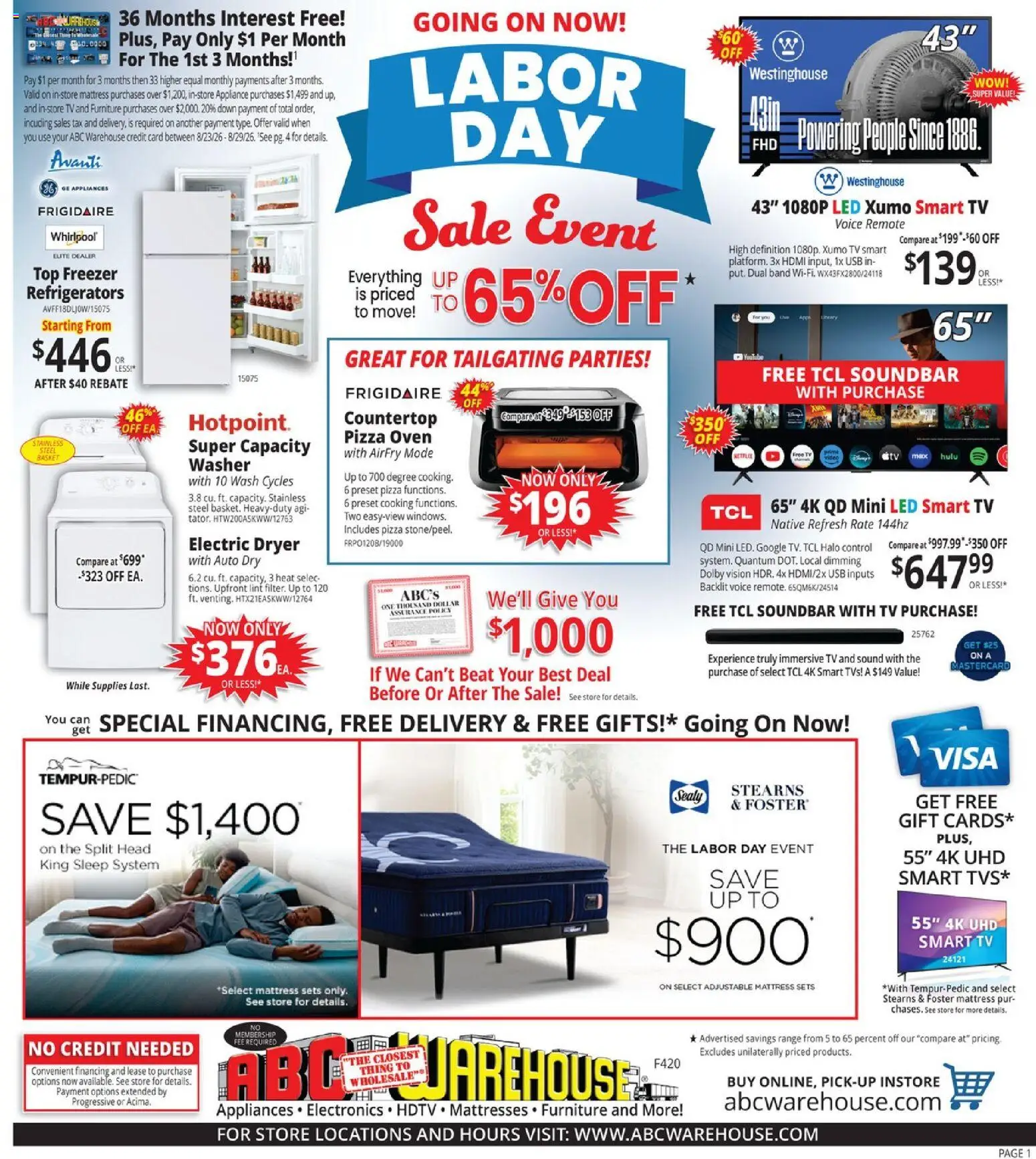 ABC Warehouse Weekly Ad - valid from 08/23/2026 | Page: 1 | Products: Mattress, Washer, Freezer, Oven