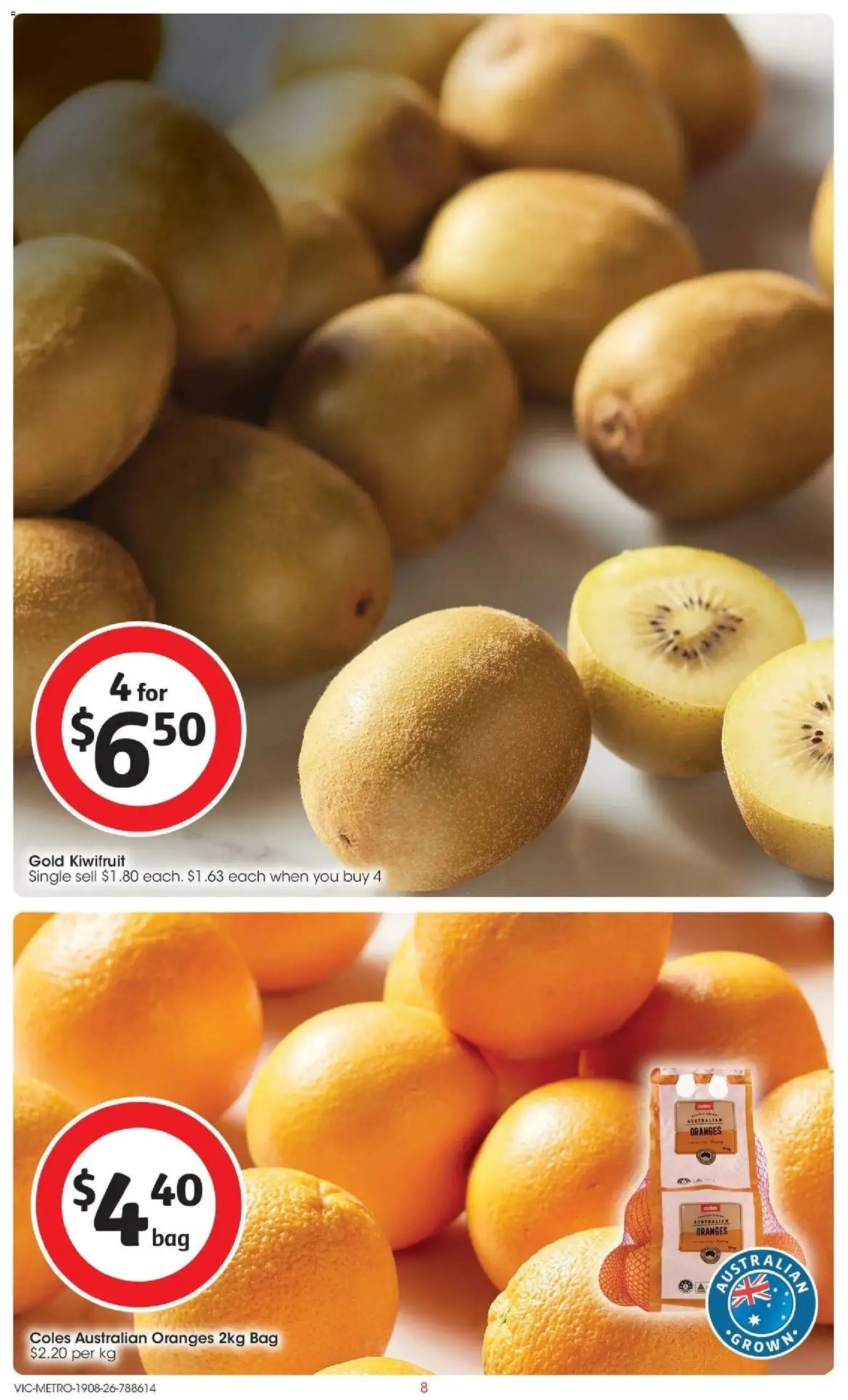 Coles catalogue - valid from 19/08/2026 | Page: 8 | Products: Oranges, Kiwifruit, Bag