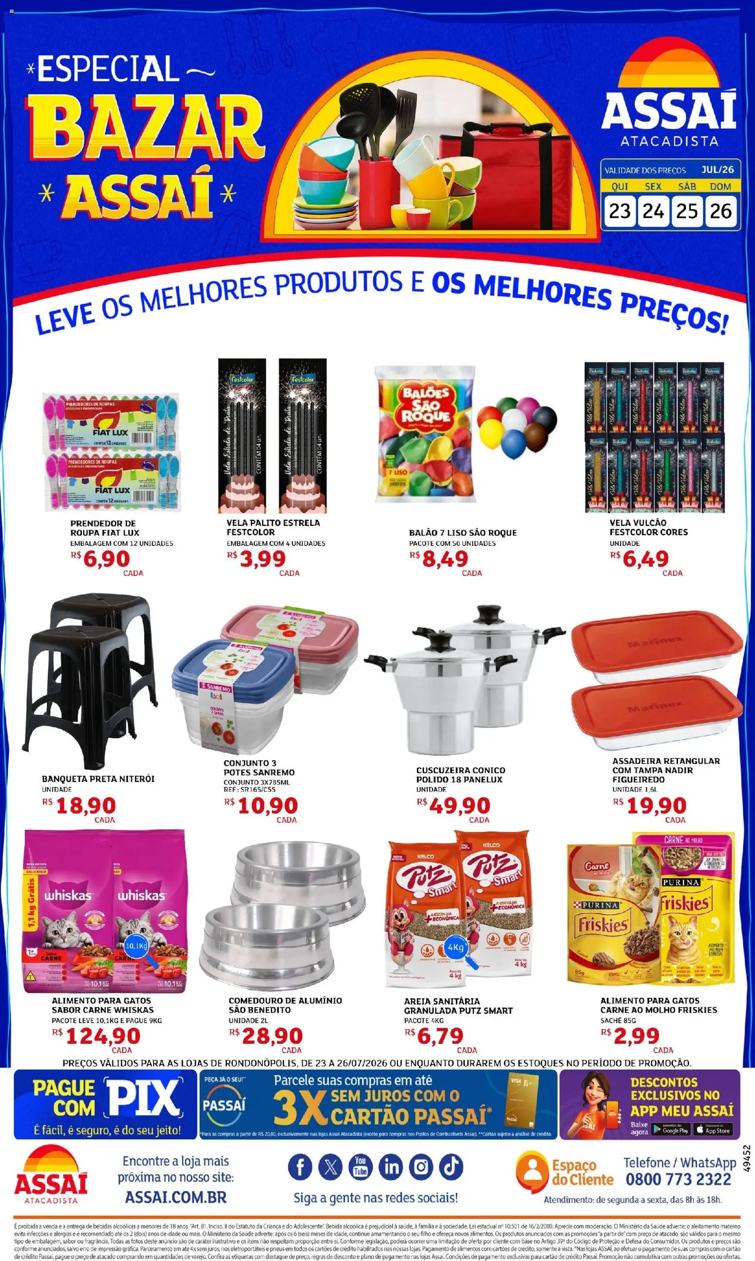 Assaí Atacadista Folheto - válido de 23/07/2026 | Página: 1 | Produtos: Banqueta, Roupas, Comedouro, Assadeira