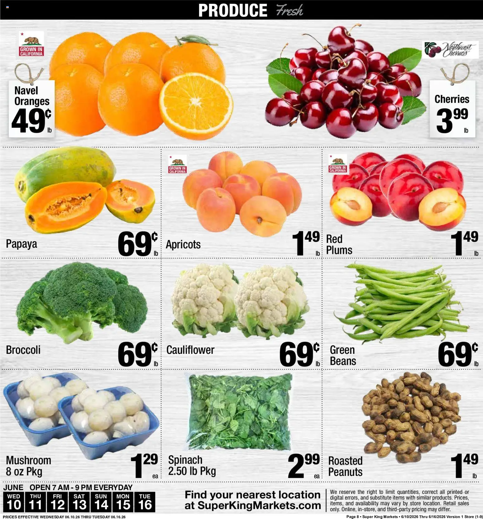 Super King Weekly Ad - valid from 10.06.2026 | Page: 9 | Products: Broccoli, Cherries, Apricots, Oranges
